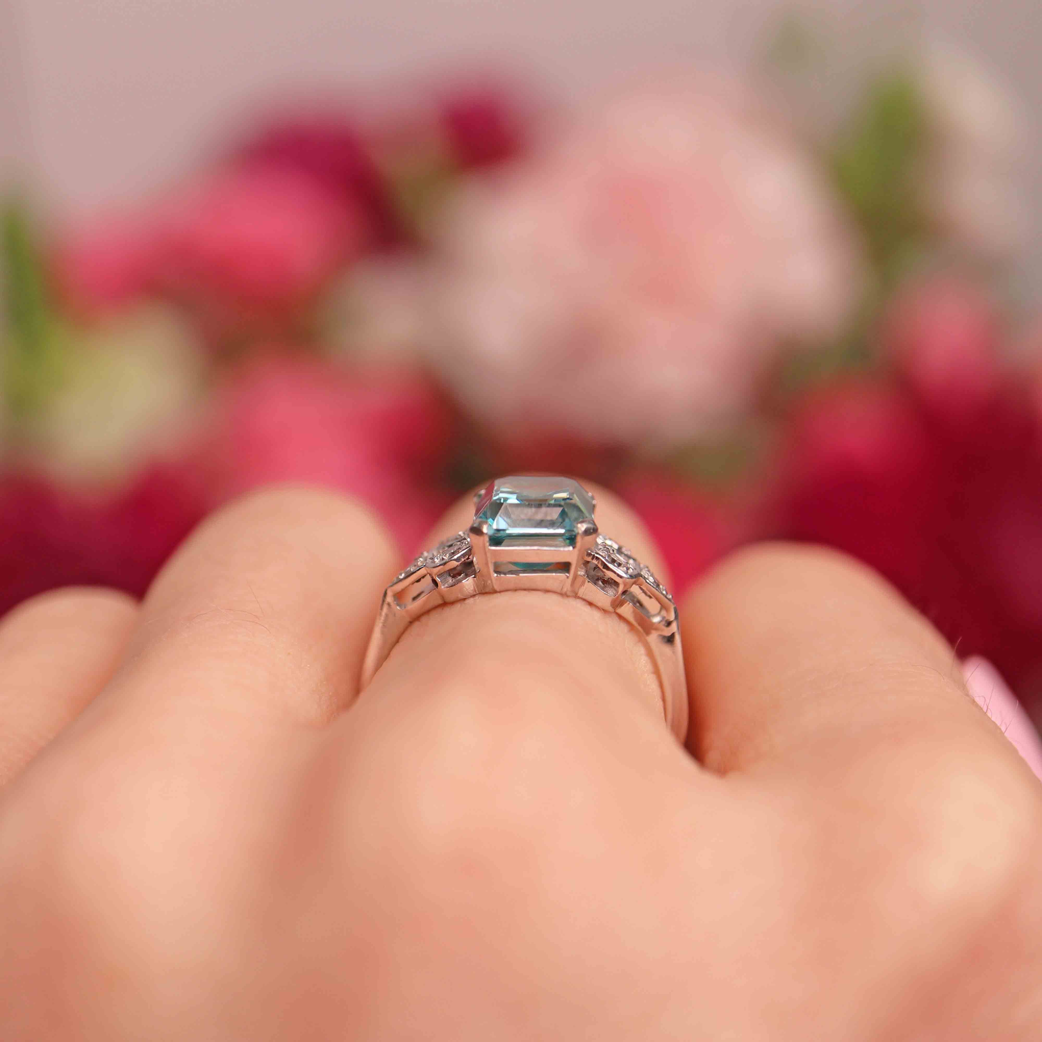 Ellibelle Jewellery 18ct White Gold Emerald-Cut Blue Zircon & Diamond Ring