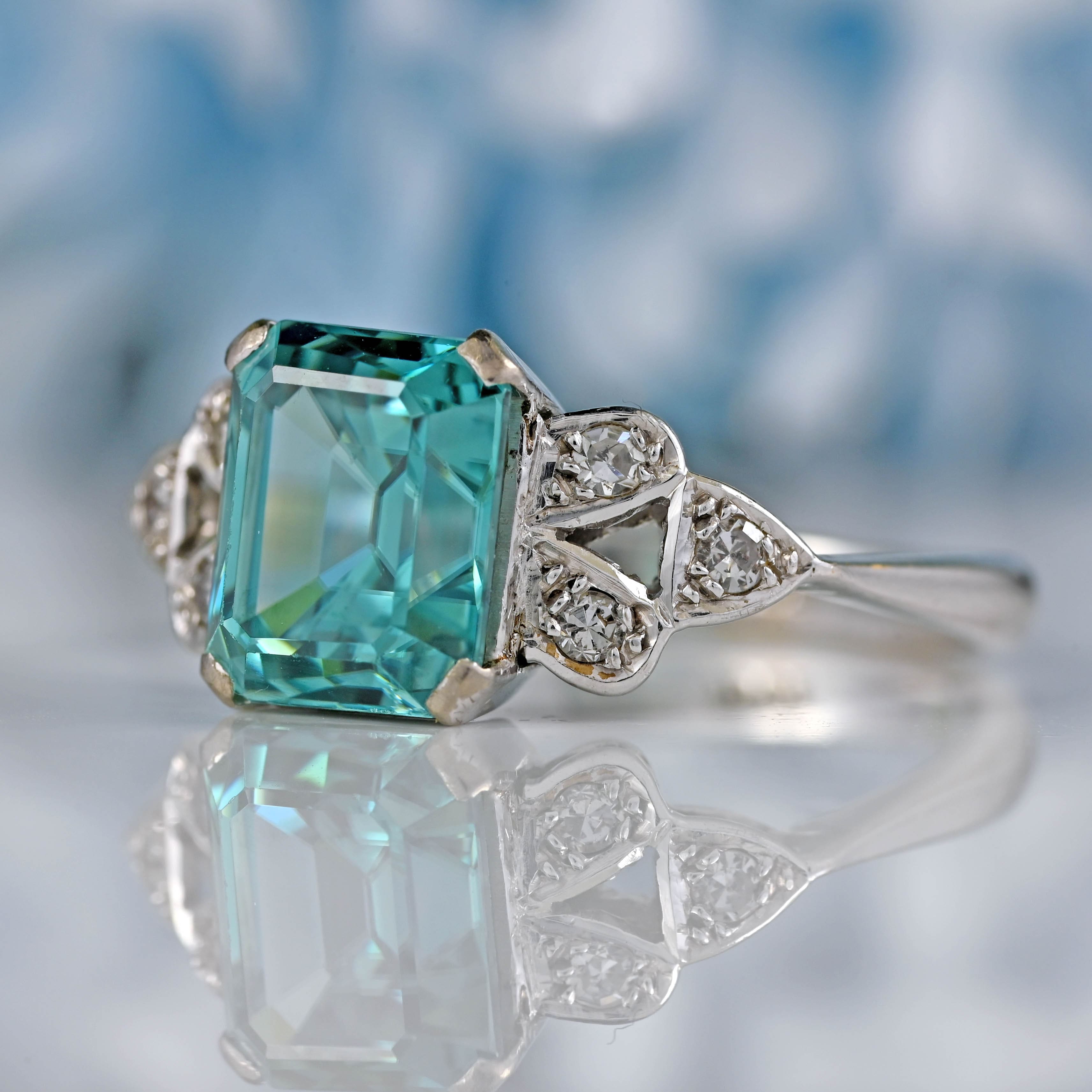 Ellibelle Jewellery 18ct White Gold Emerald-Cut Blue Zircon & Diamond Ring