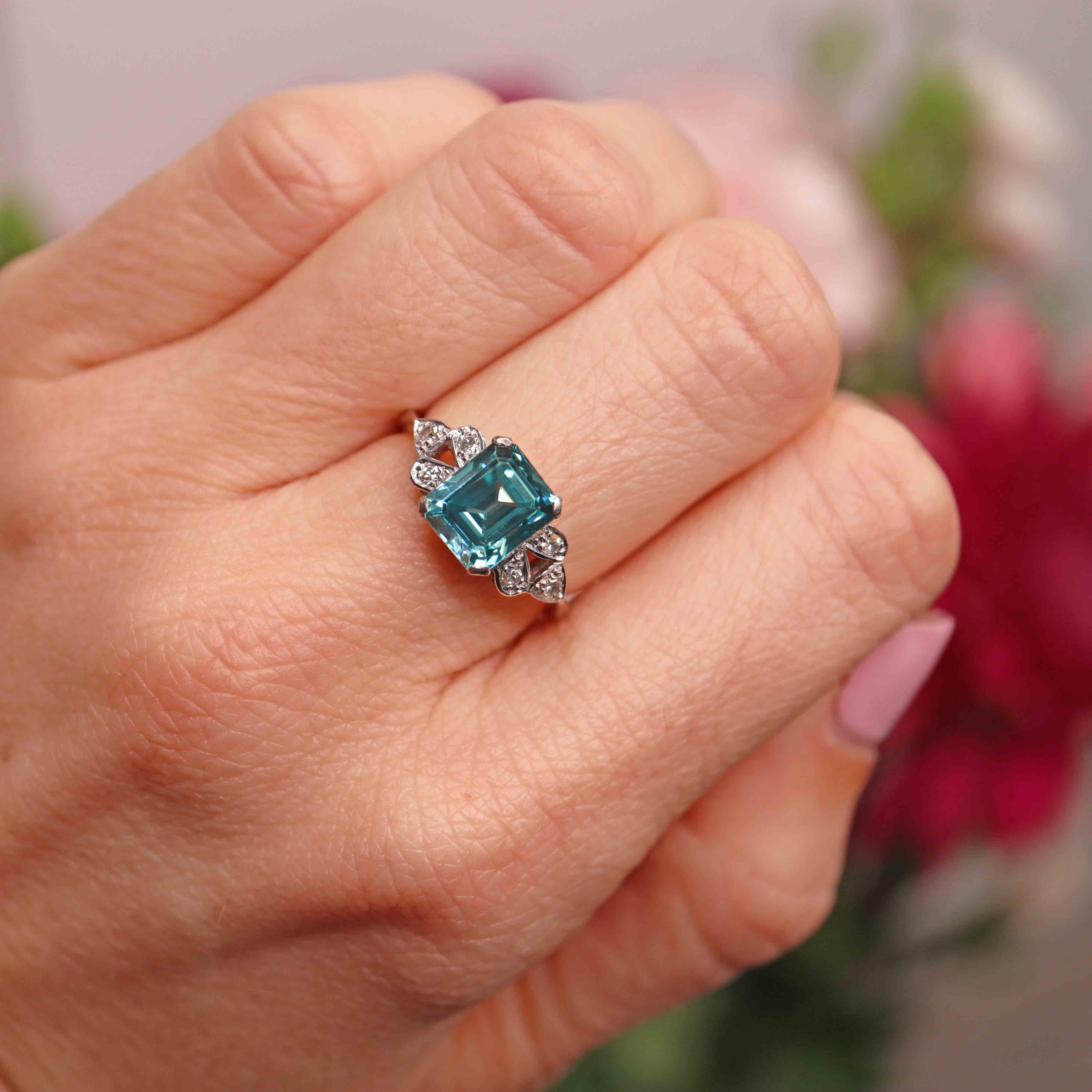 Ellibelle Jewellery 18ct White Gold Emerald-Cut Blue Zircon & Diamond Ring