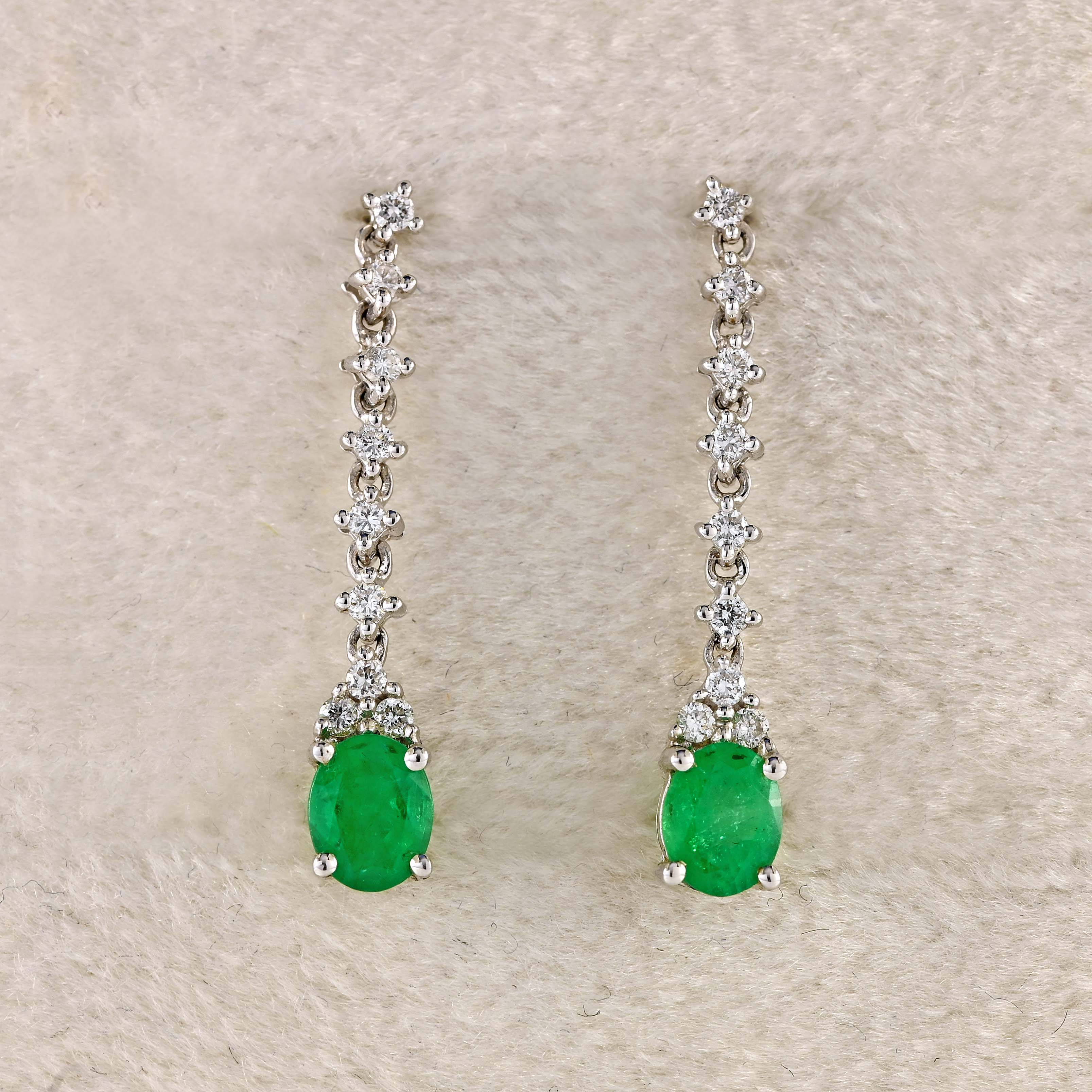 Ellibelle Jewellery 18ct White Gold Emerald & Diamond Drop Earrings