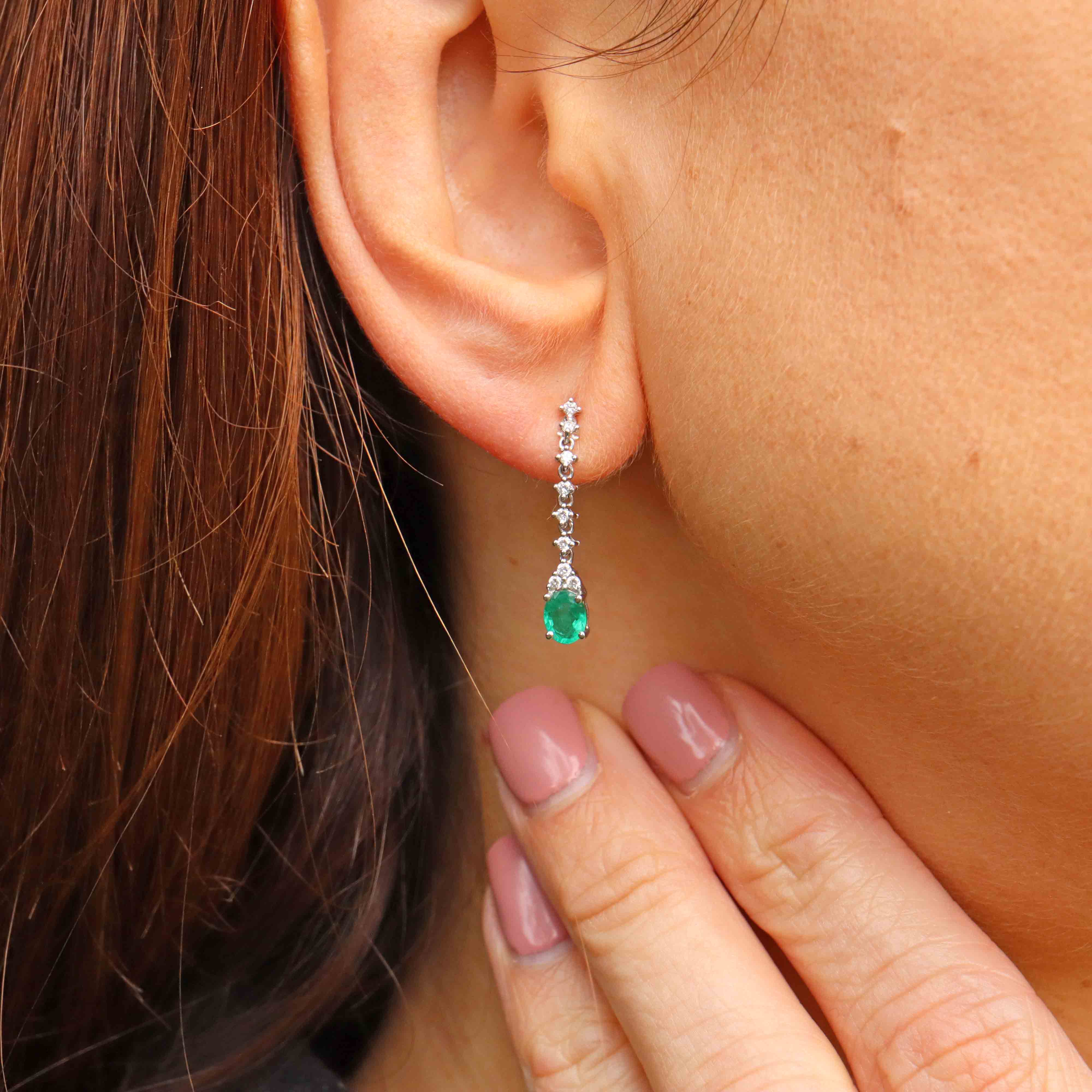 Ellibelle Jewellery 18ct White Gold Emerald & Diamond Drop Earrings