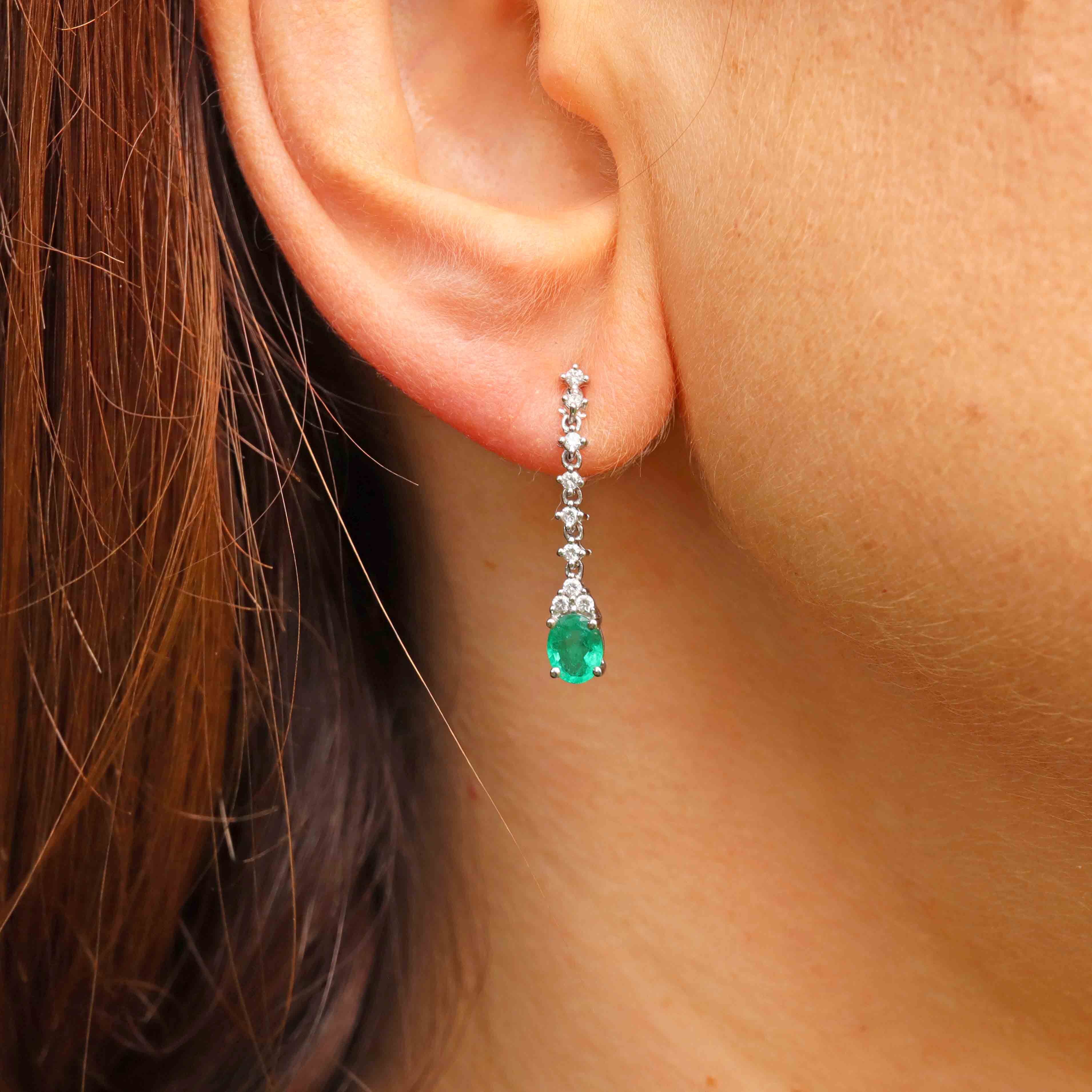 Ellibelle Jewellery 18ct White Gold Emerald & Diamond Drop Earrings