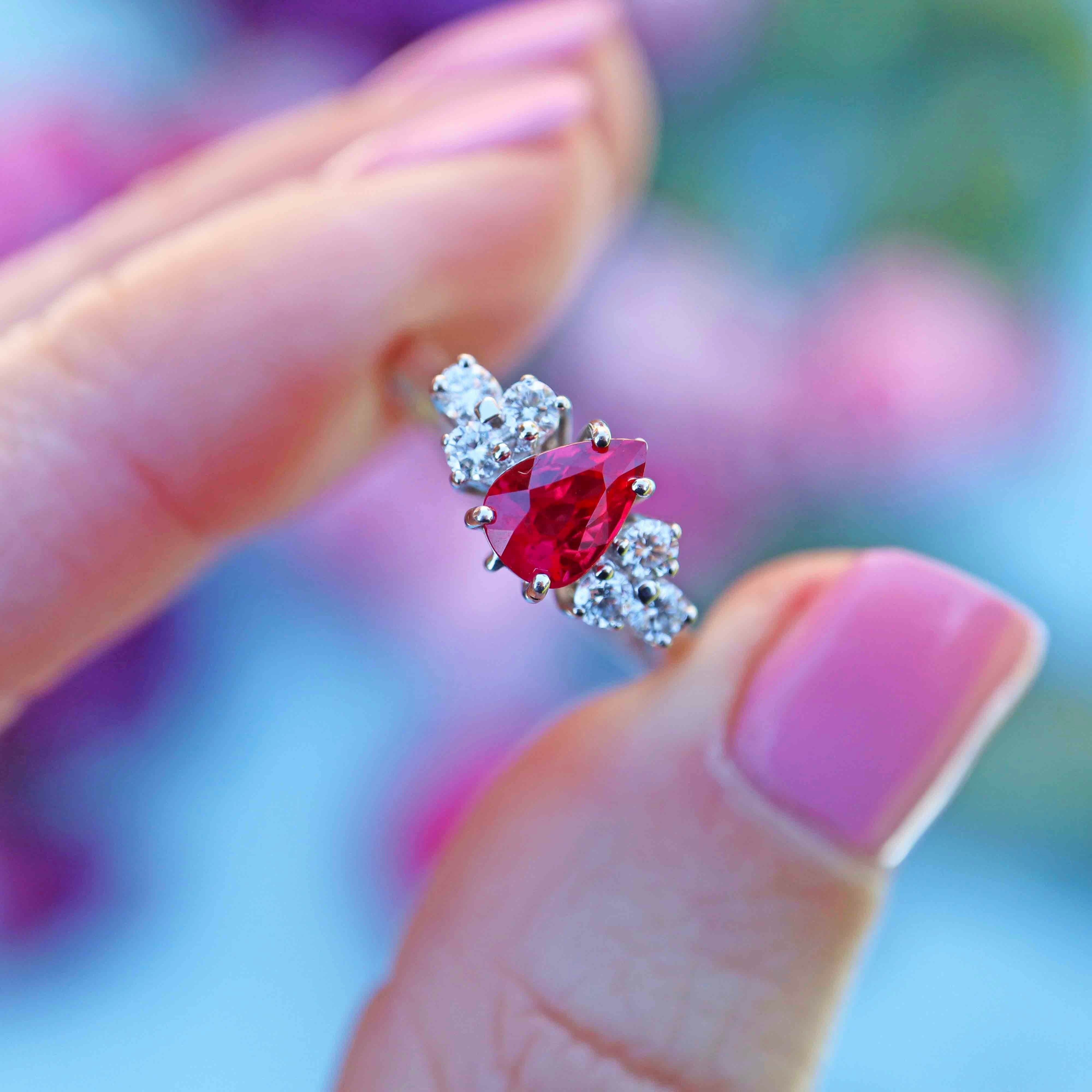 Ellibelle Jewellery 18ct White Gold Pear-Shaped Ruby & Diamond Seven-Stone Ring