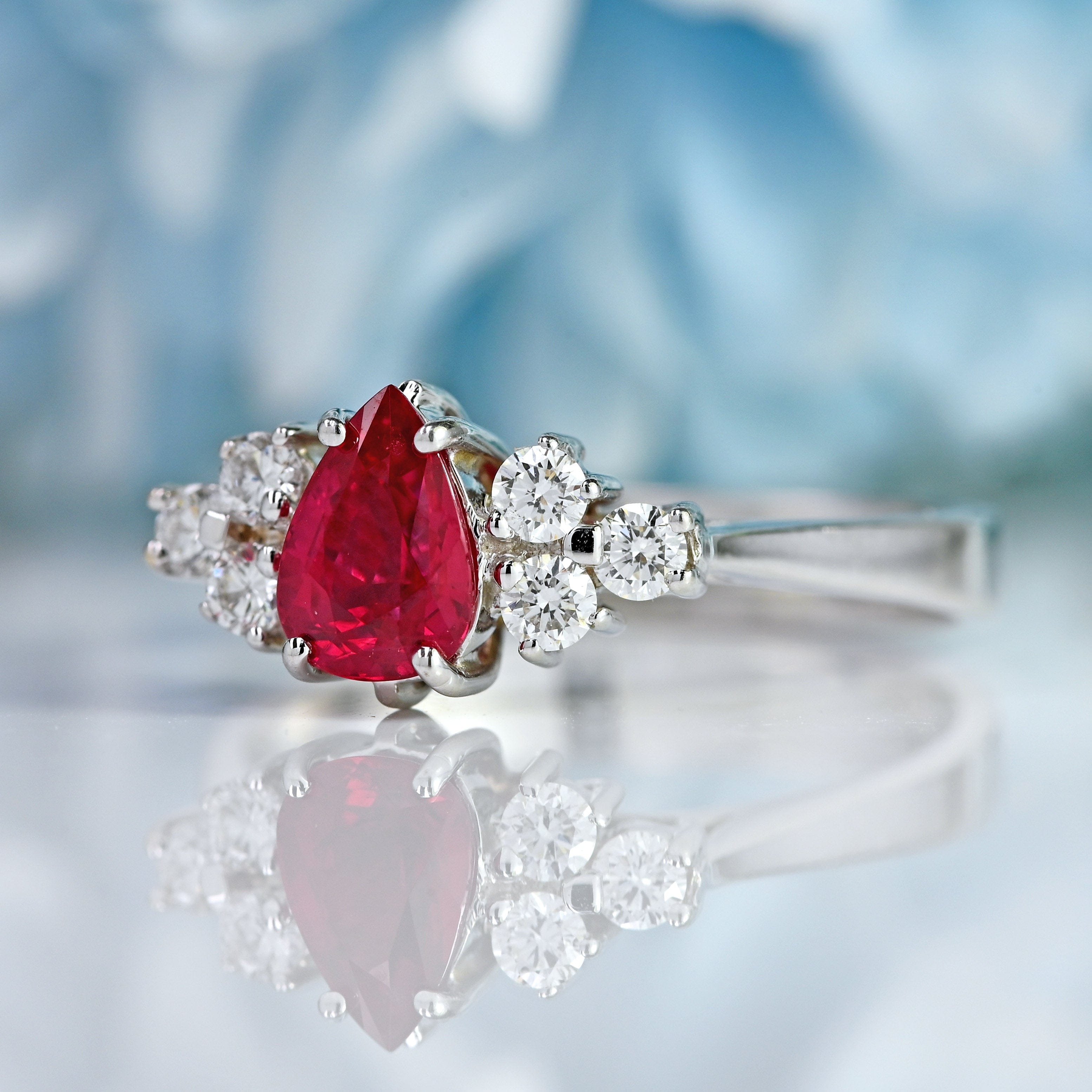 Ellibelle Jewellery 18ct White Gold Pear-Shaped Ruby & Diamond Seven-Stone Ring