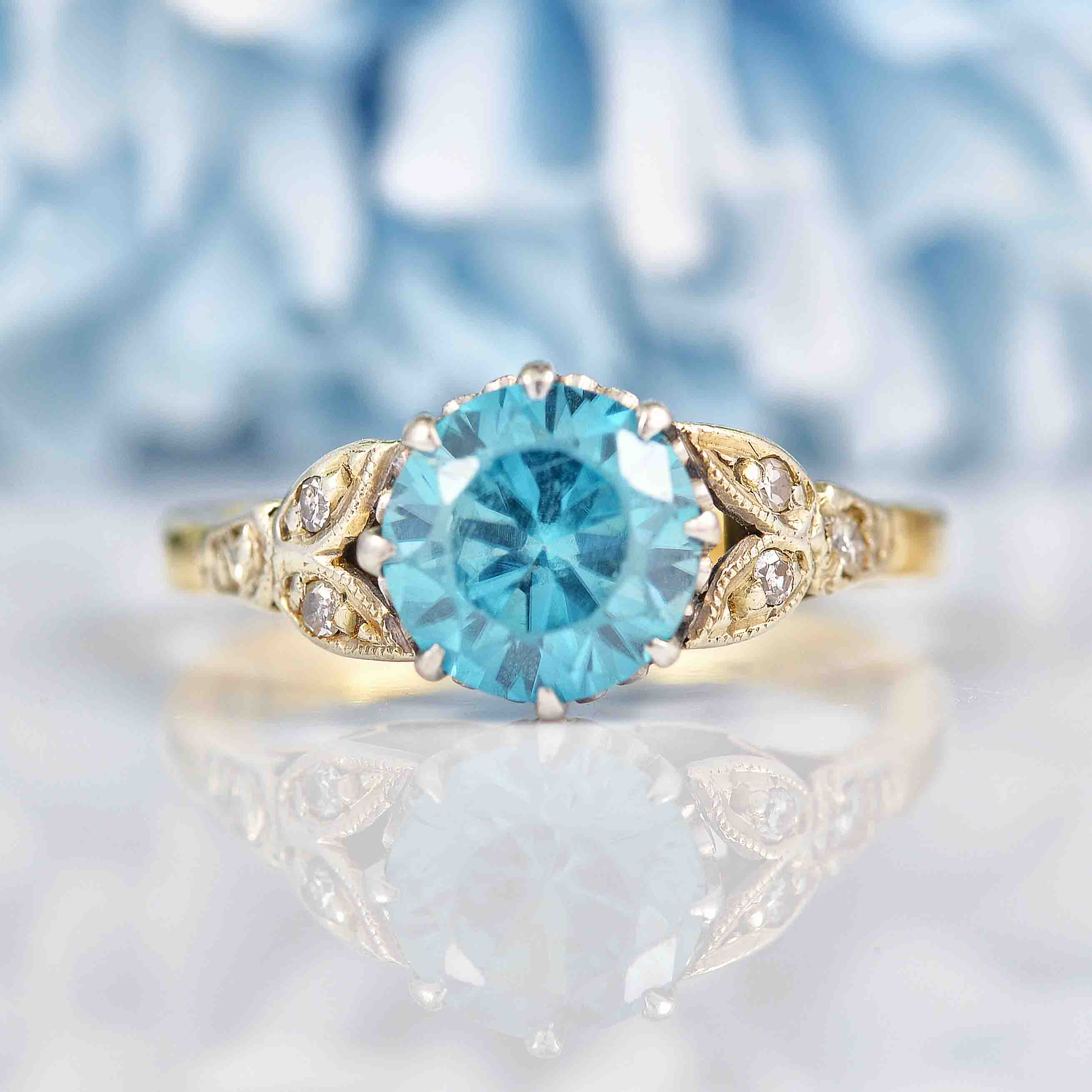 Ellibelle Jewellery 1930s Blue Zircon & Diamond 18ct Gold Platinum Ring