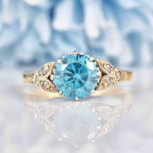 Ellibelle Jewellery 1930s Blue Zircon & Diamond 18ct Gold Platinum Ring