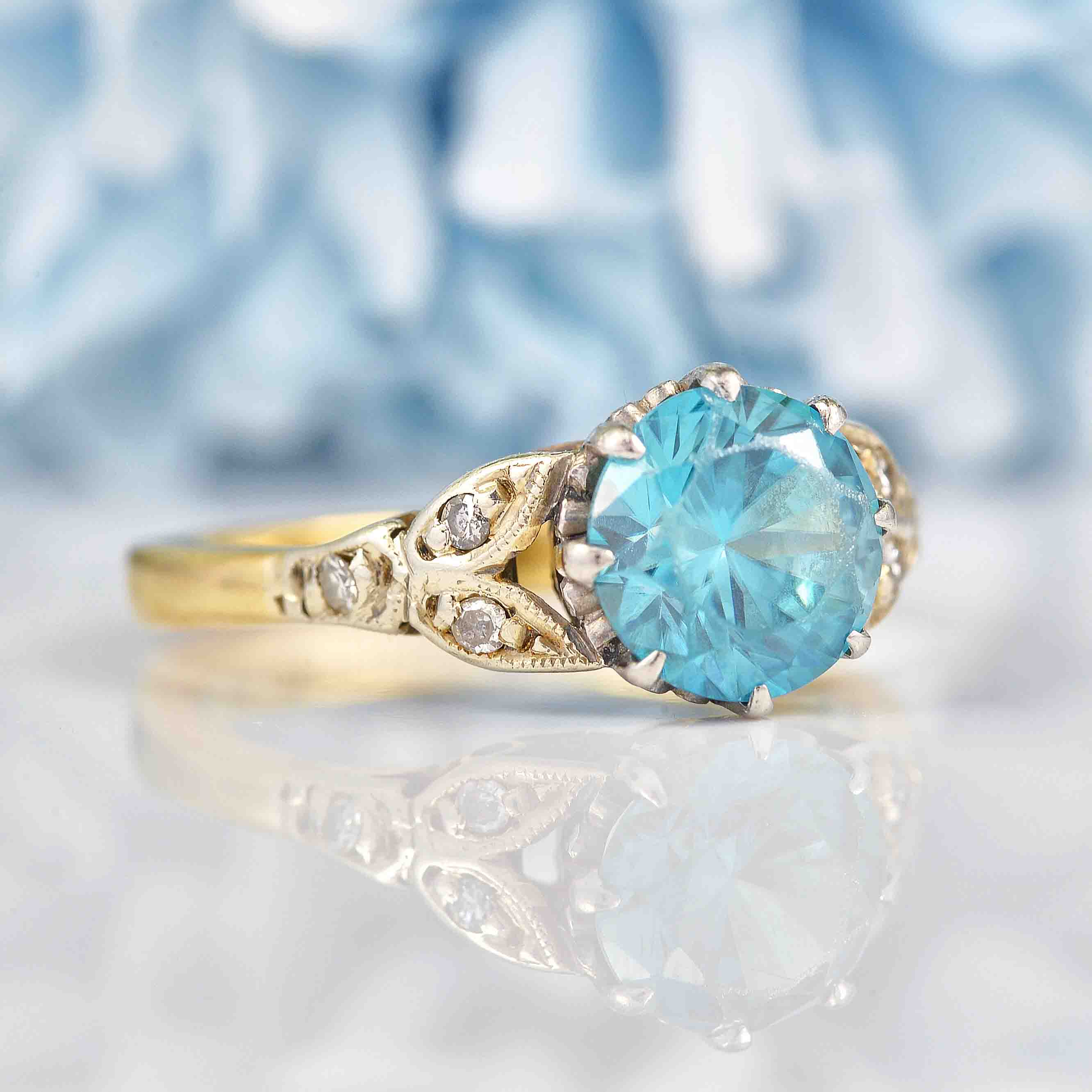 Ellibelle Jewellery 1930s Blue Zircon & Diamond 18ct Gold Platinum Ring