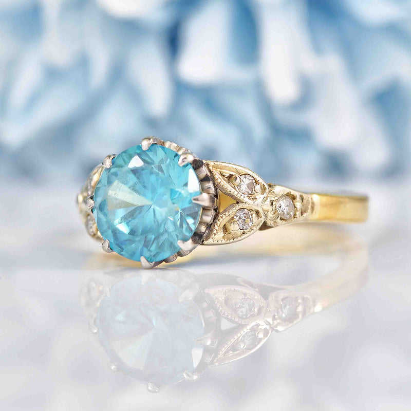 Ellibelle Jewellery 1930s Blue Zircon & Diamond 18ct Gold Platinum Ring