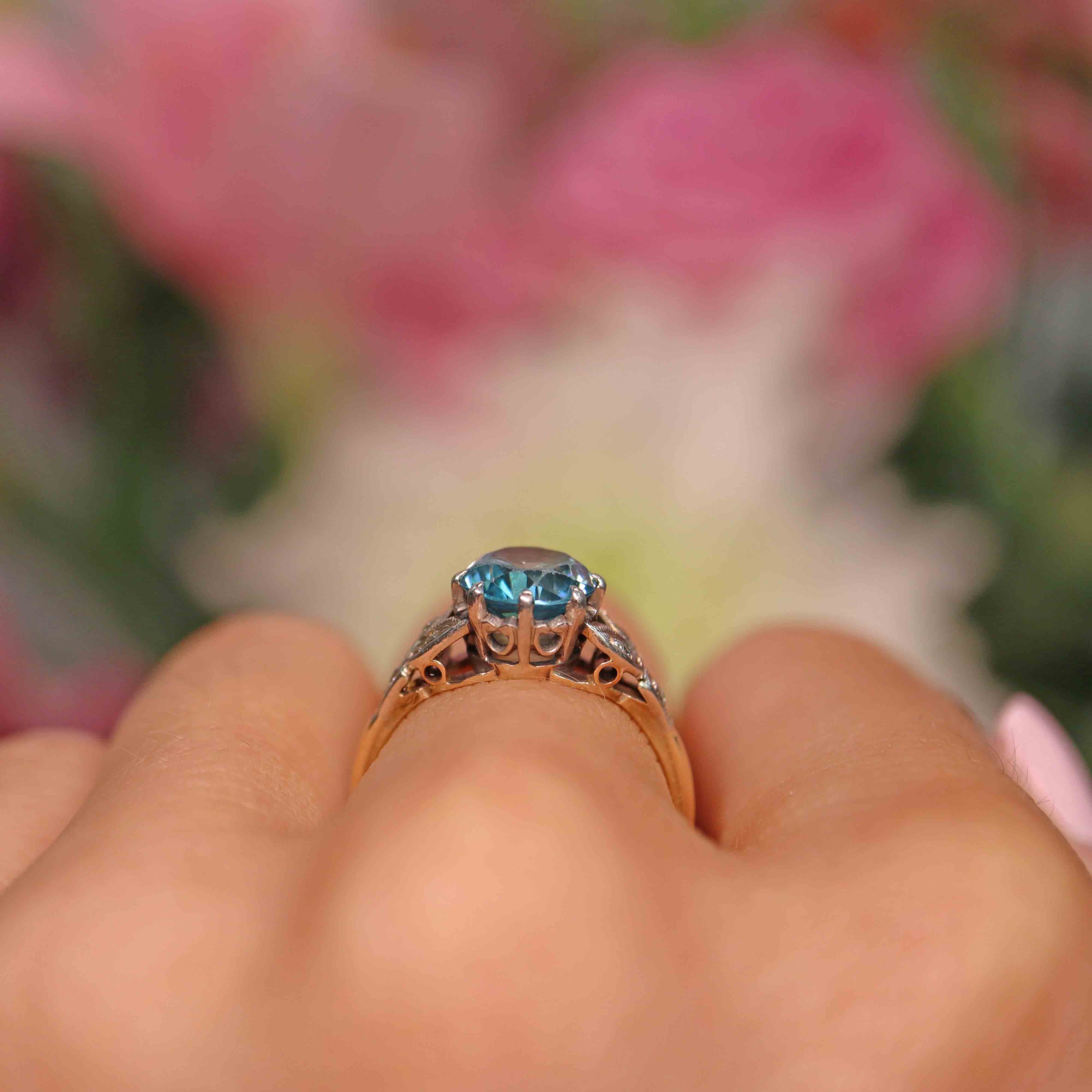 Ellibelle Jewellery 1930s Blue Zircon & Diamond 18ct Gold Platinum Ring