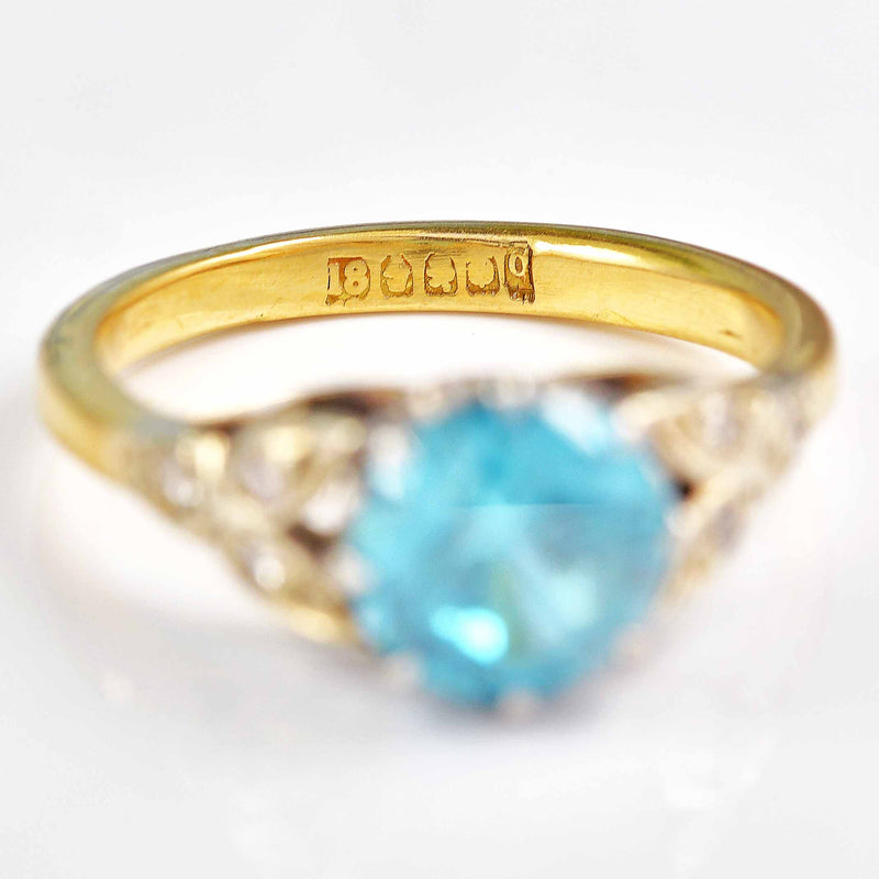 Ellibelle Jewellery 1930s Blue Zircon & Diamond 18ct Gold Platinum Ring