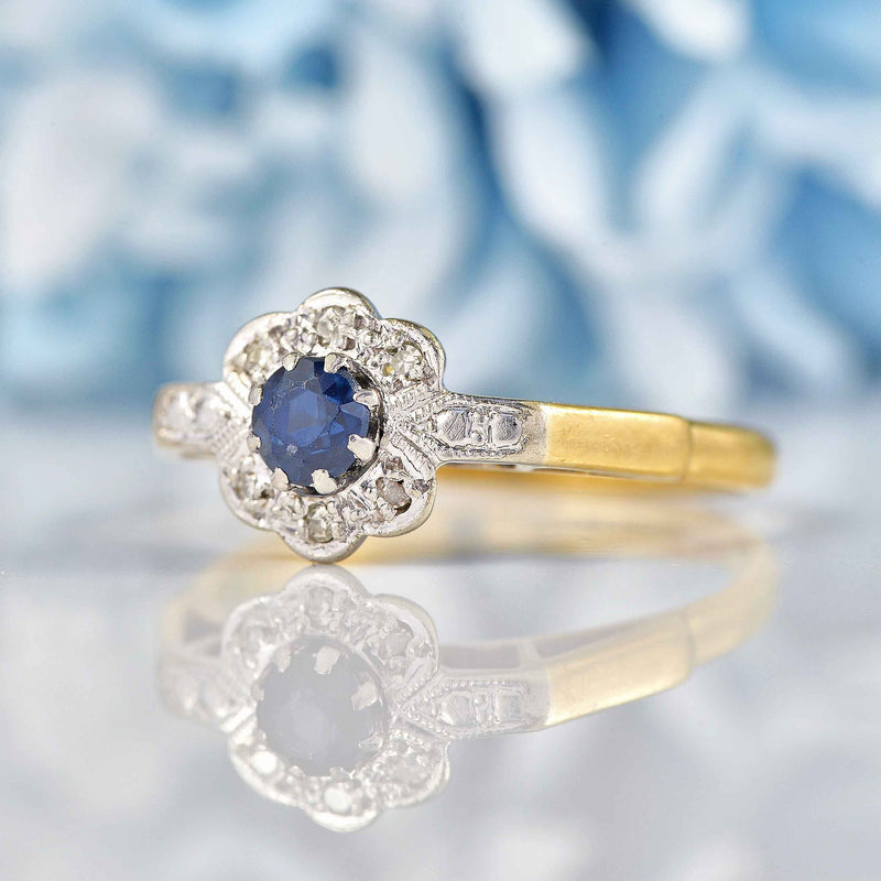 Ellibelle Jewellery 1940s Sapphire & Diamond 18ct Gold Daisy Ring