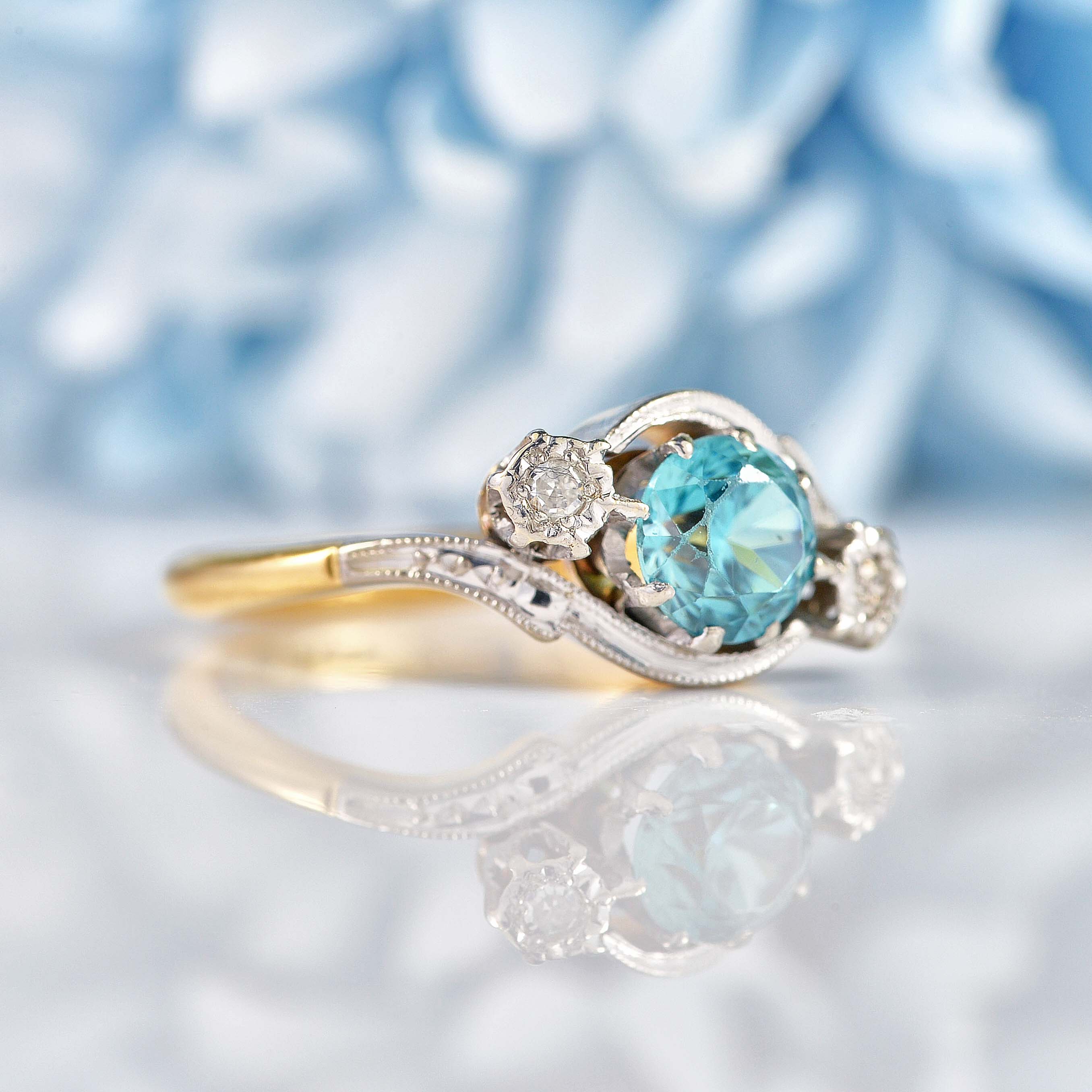 1950s Blue Zircon Diamond Three-Stone Bypass Ring – Ellibelle