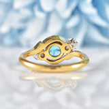 Ellibelle Jewellery 1950s Blue Zircon & Diamond Three-Stone Bypass Ring