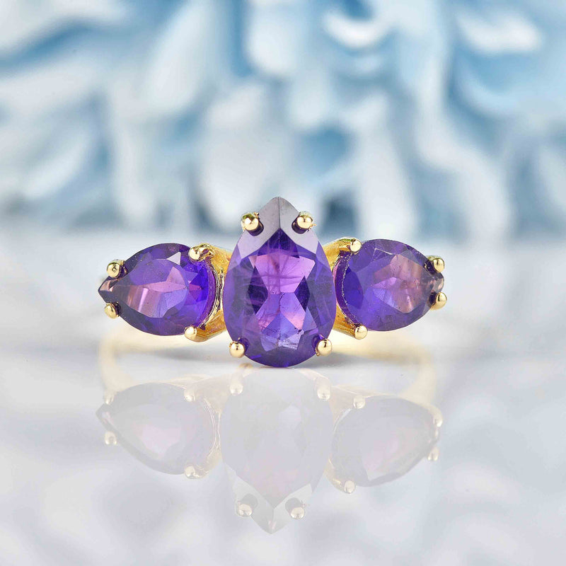 Ellibelle Jewellery Amethyst 9ct Gold Pear-Shaped Trilogy Ring