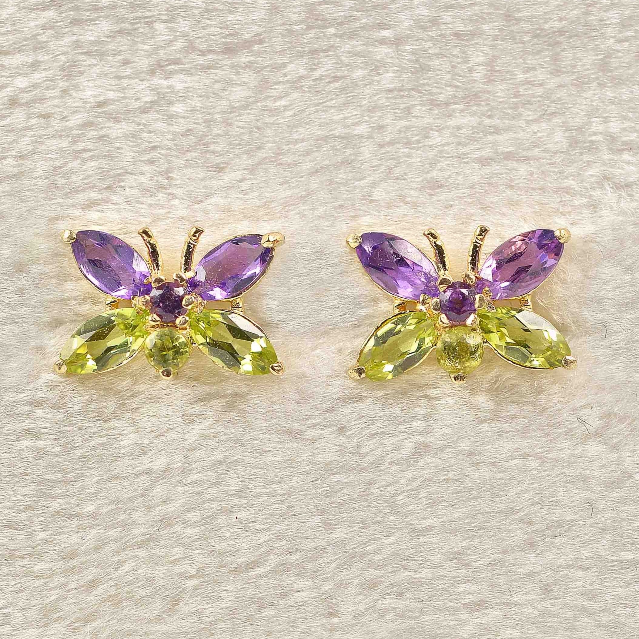 Amethyst Peridot 9ct Gold Butterfly Stud Earrings