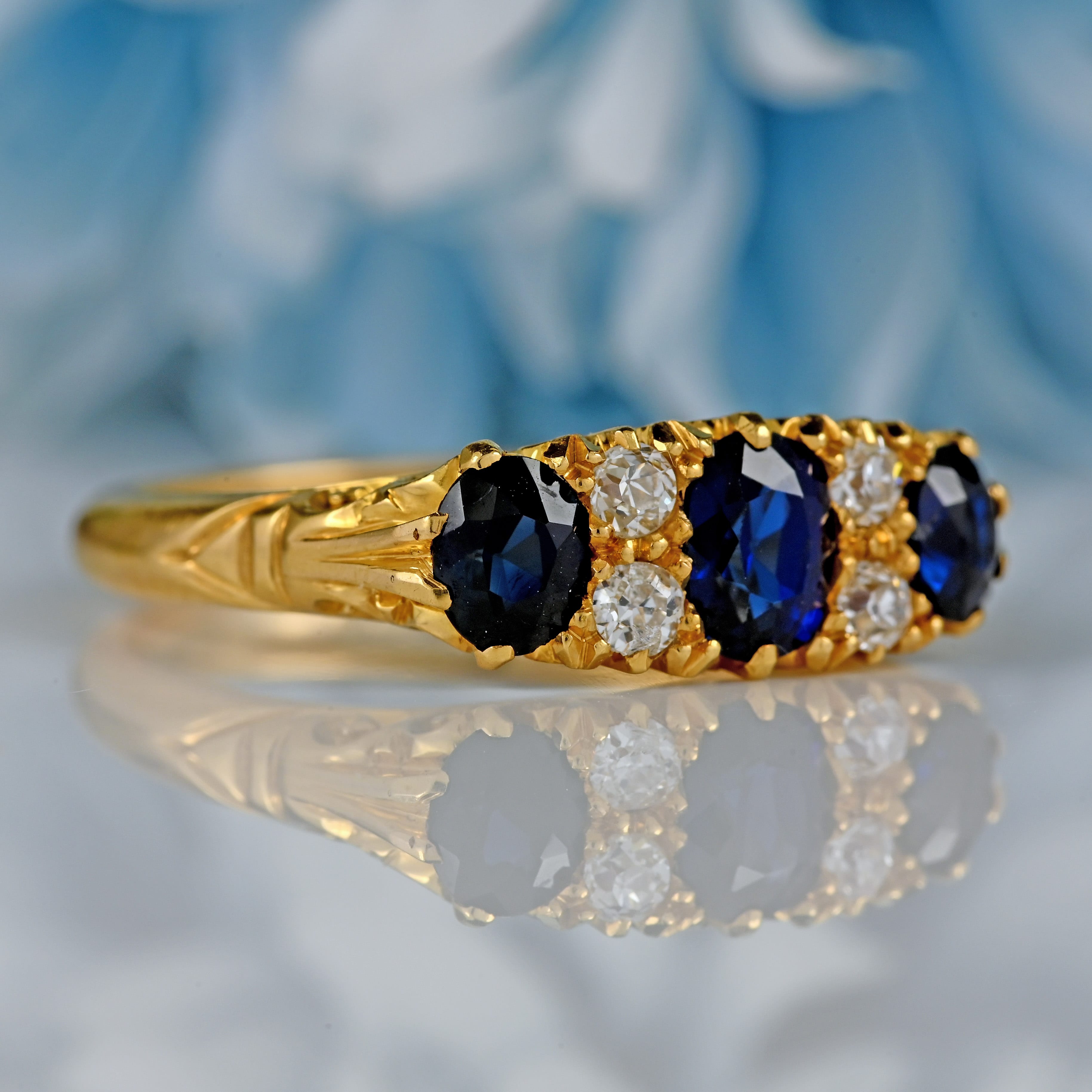 Ellibelle Jewellery Antique 1918 Edwardian Sapphire & Diamond 18ct Gold Engagement Ring