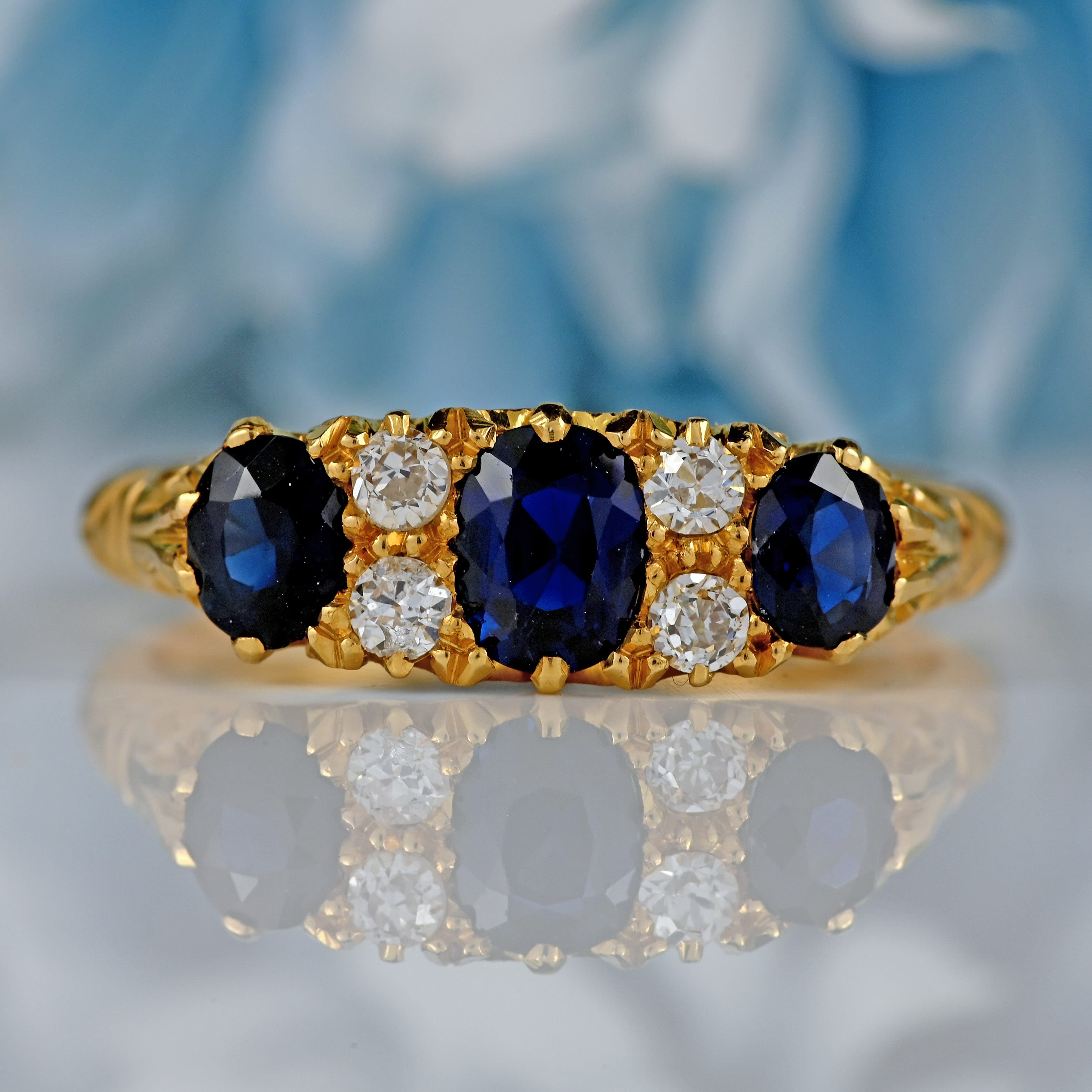 Ellibelle Jewellery Antique 1918 Edwardian Sapphire & Diamond 18ct Gold Engagement Ring