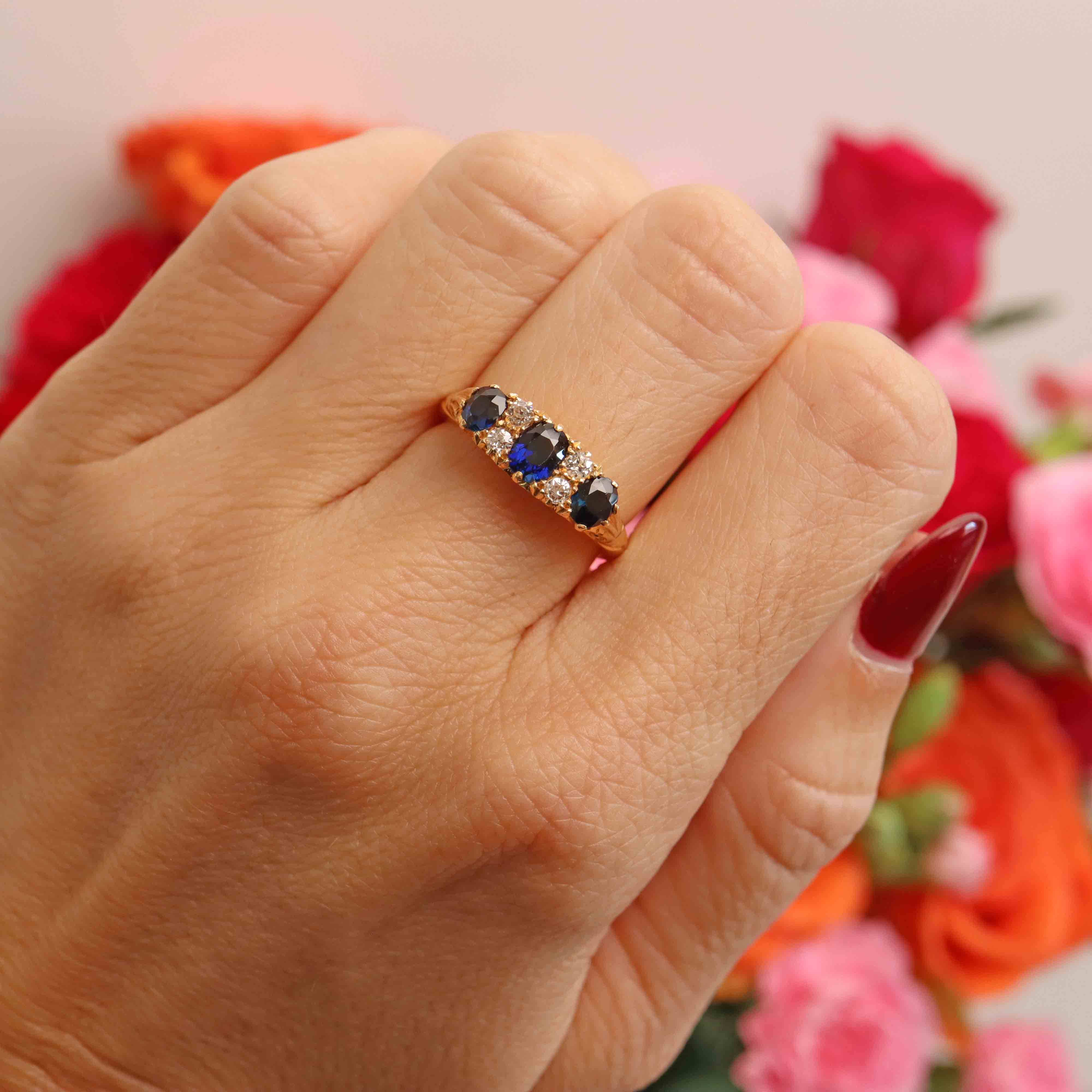 Ellibelle Jewellery Antique 1918 Edwardian Sapphire & Diamond 18ct Gold Engagement Ring