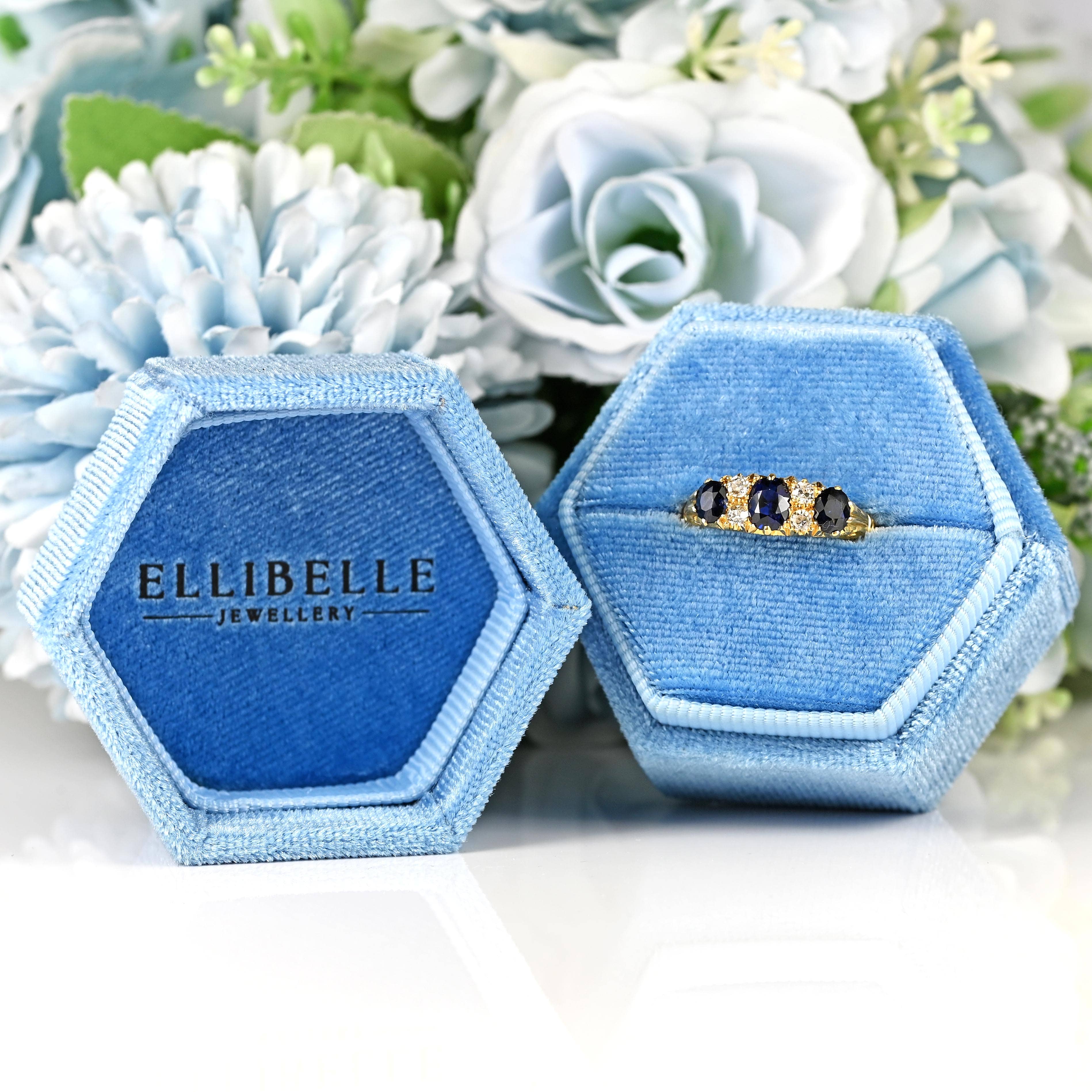Ellibelle Jewellery Antique 1918 Edwardian Sapphire & Diamond 18ct Gold Engagement Ring