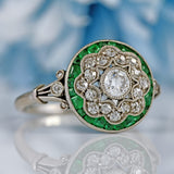 Ellibelle Jewellery Antique Art Deco Emerald & Diamond Platinum Floral Cluster Engagement Ring