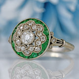 Ellibelle Jewellery Antique Art Deco Emerald & Diamond Platinum Floral Cluster Engagement Ring