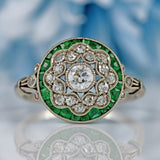 Ellibelle Jewellery Antique Art Deco Emerald & Diamond Platinum Floral Cluster Engagement Ring