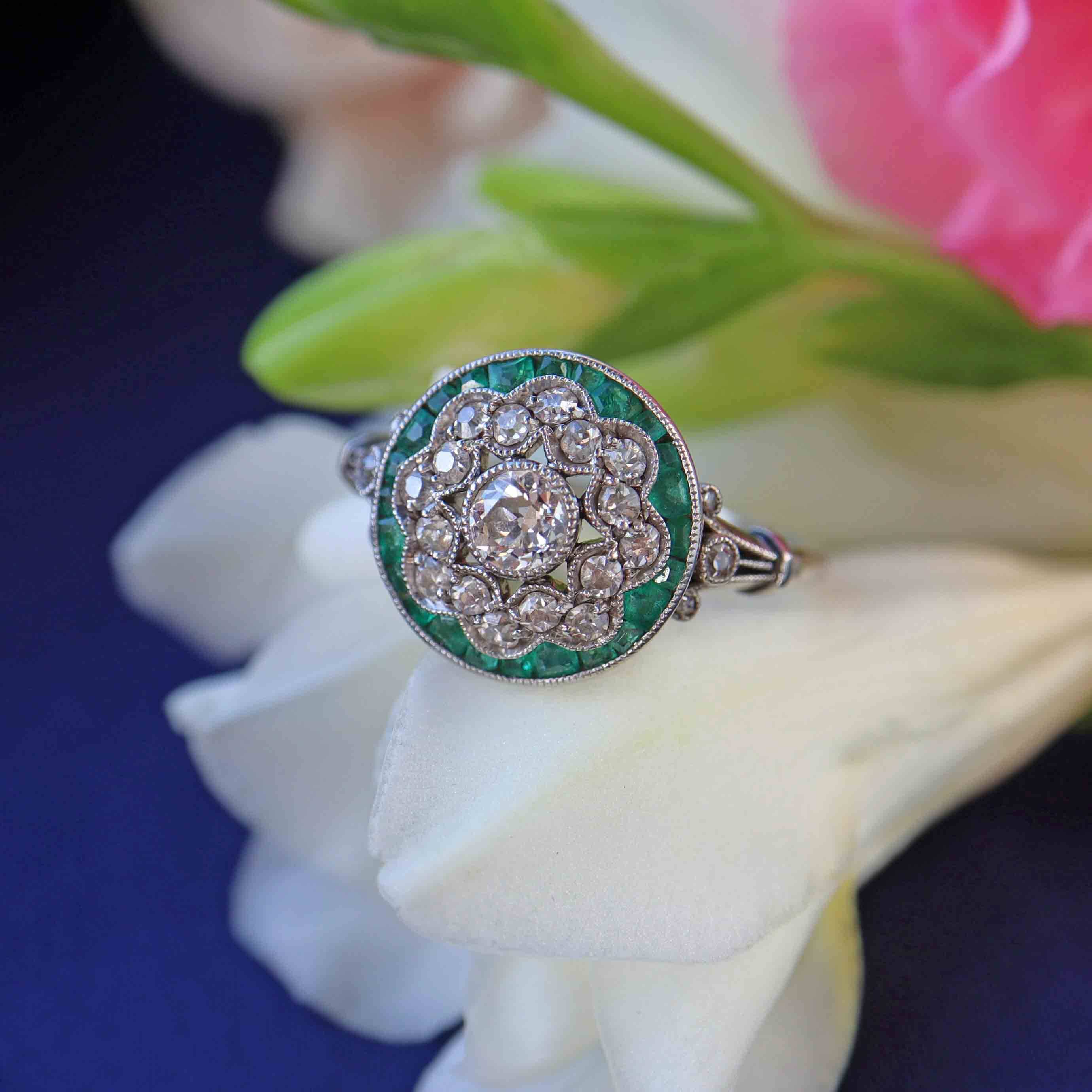 Ellibelle Jewellery Antique Art Deco Emerald & Diamond Platinum Floral Cluster Engagement Ring