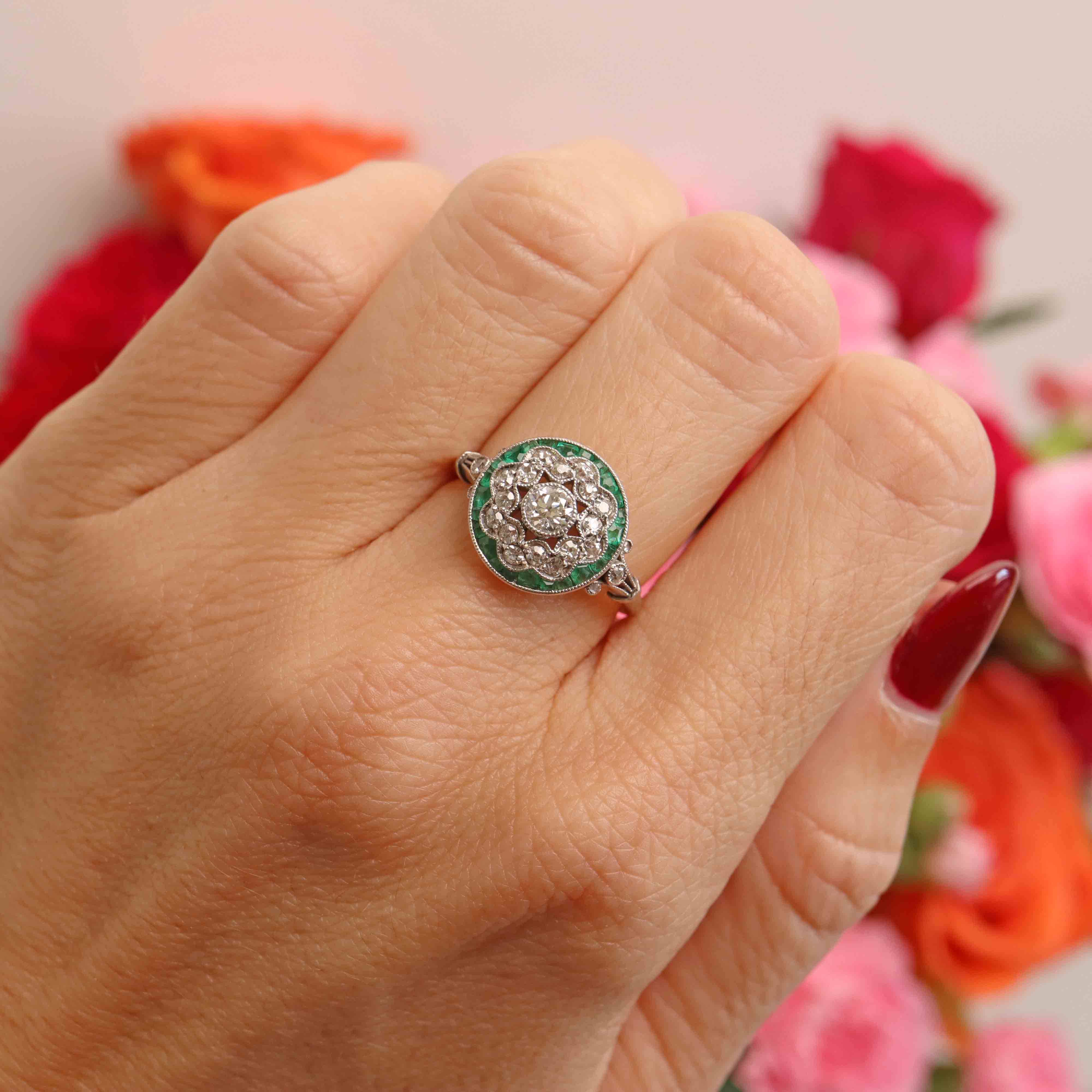 Ellibelle Jewellery Antique Art Deco Emerald & Diamond Platinum Floral Cluster Engagement Ring