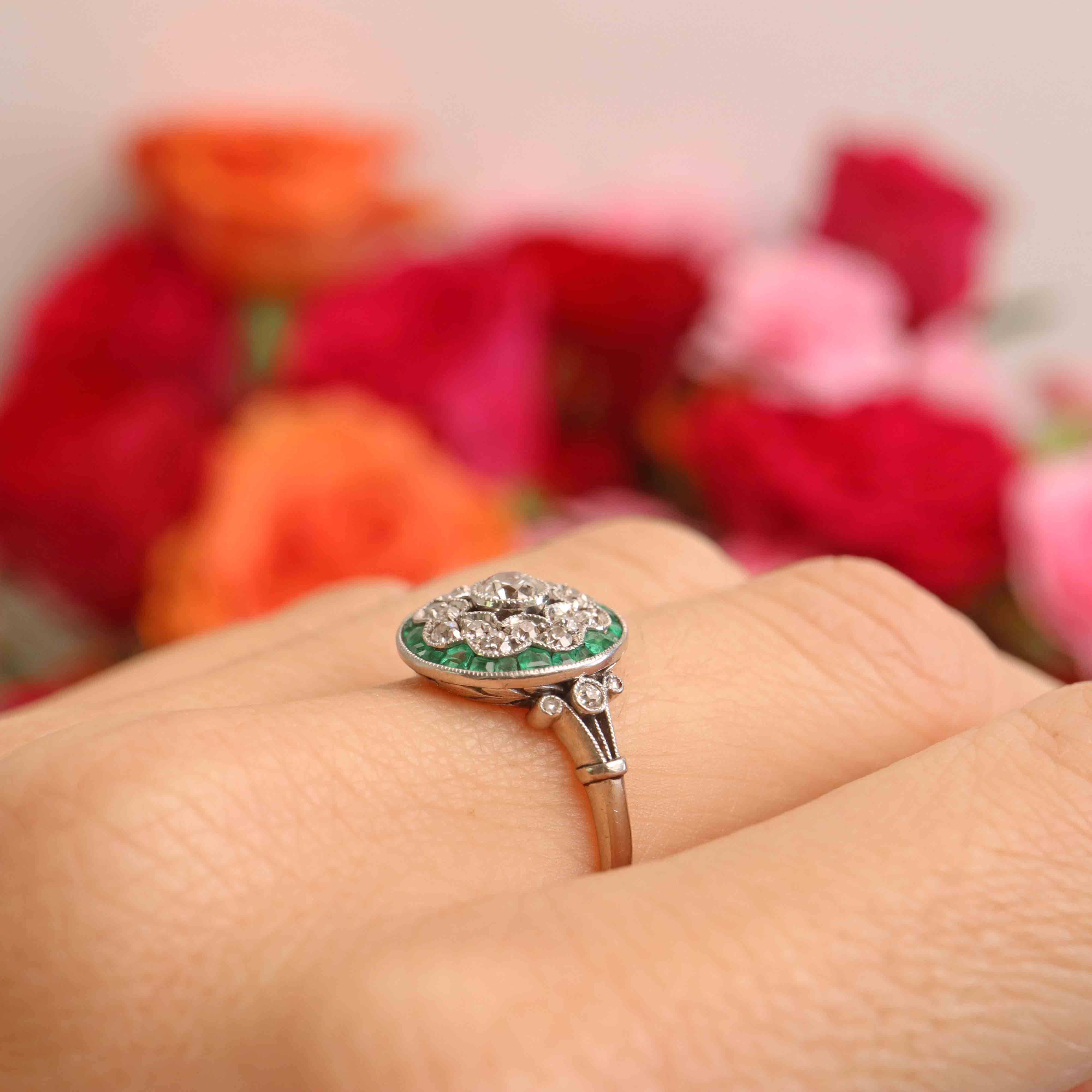 Ellibelle Jewellery Antique Art Deco Emerald & Diamond Platinum Floral Cluster Engagement Ring