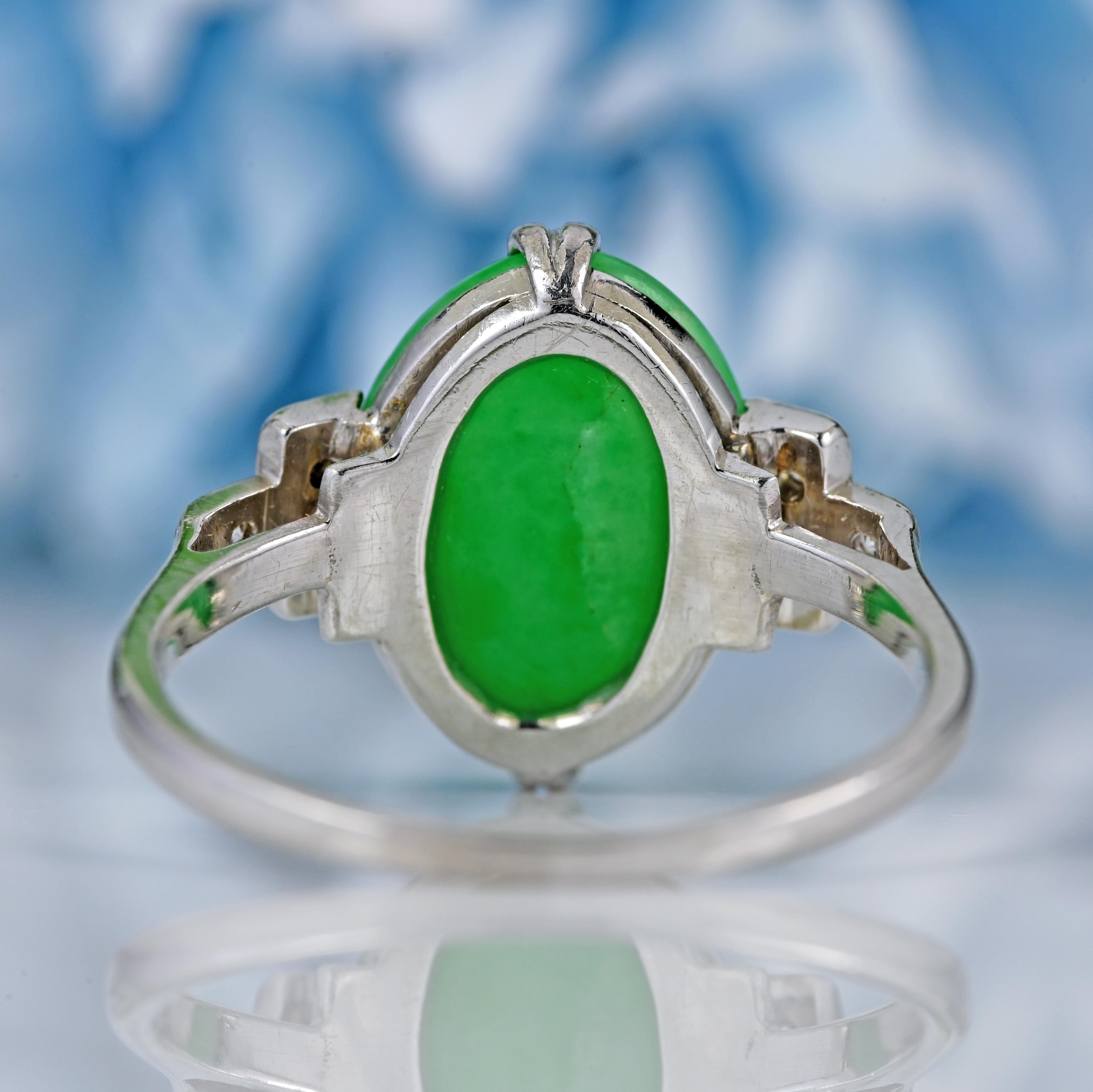 Ellibelle Jewellery Antique Art Deco Green Jade & Diamond Platinum Ring