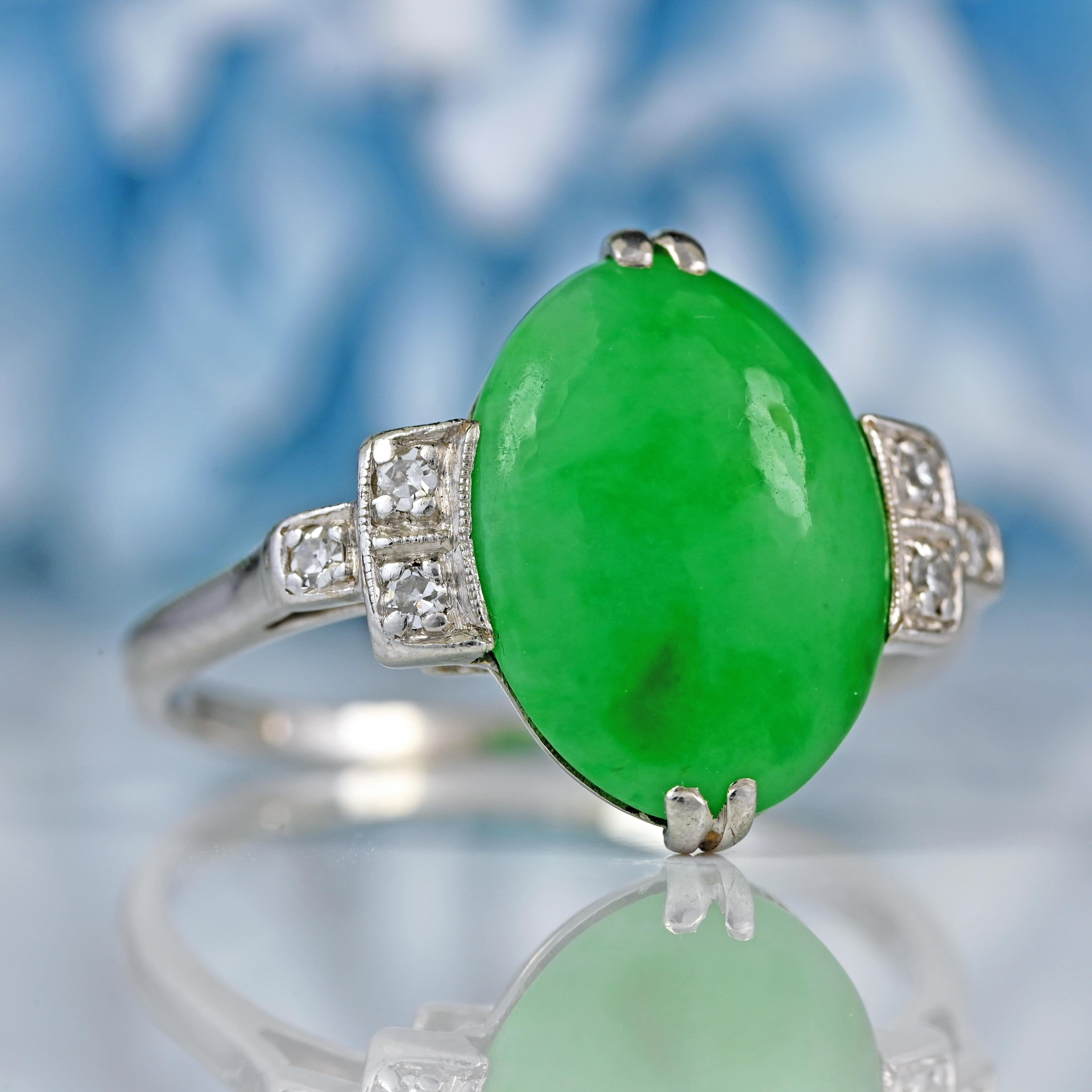 Ellibelle Jewellery Antique Art Deco Green Jade & Diamond Platinum Ring