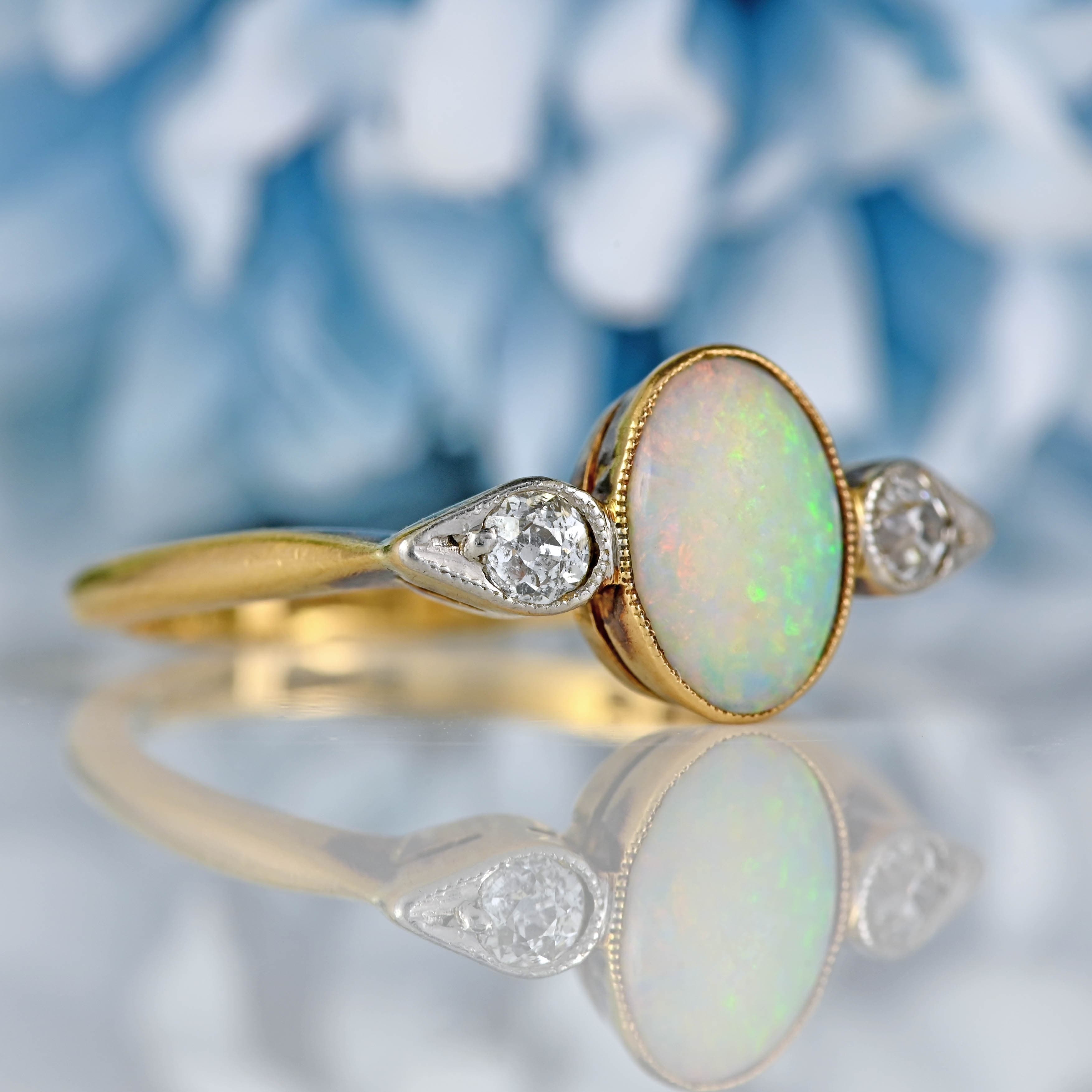Ellibelle Jewellery Antique Art Deco Opal & Diamond 18ct Gold Three-Stone Ring