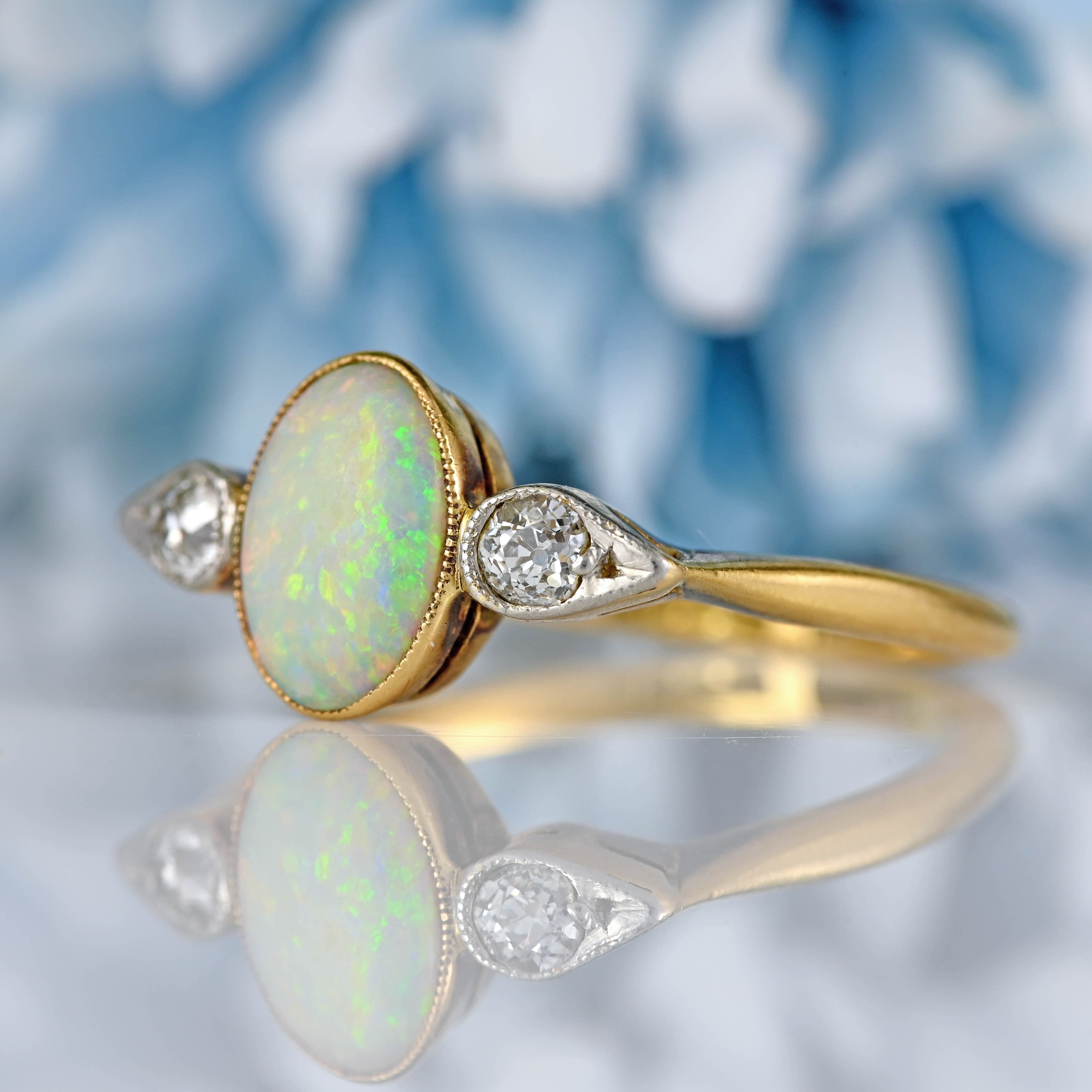 Ellibelle Jewellery Antique Art Deco Opal & Diamond 18ct Gold Three-Stone Ring
