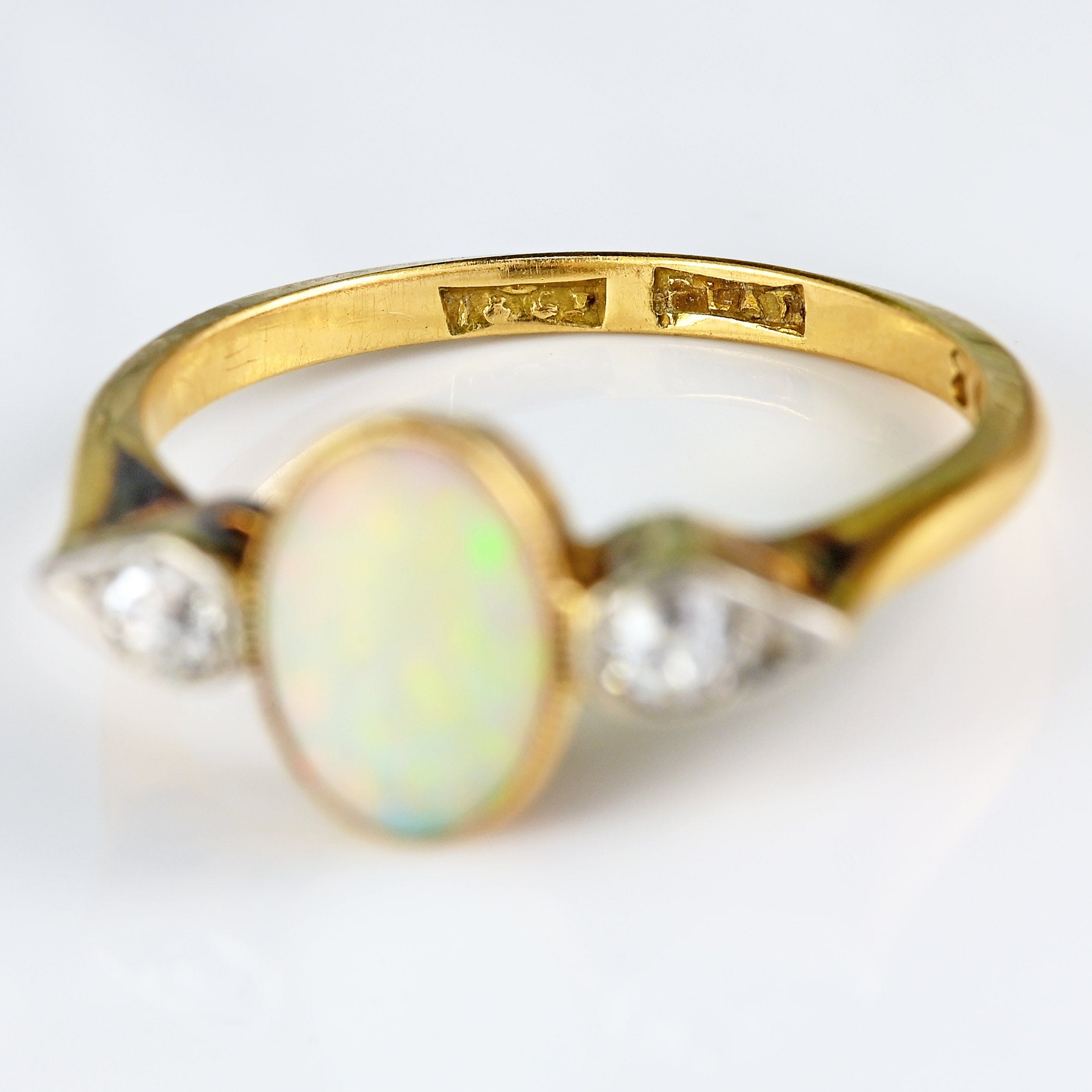 Ellibelle Jewellery Antique Art Deco Opal & Diamond 18ct Gold Three-Stone Ring