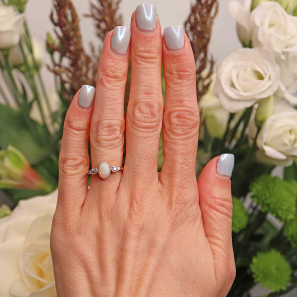 Ellibelle Jewellery Antique Art Deco Opal & Diamond 18ct Gold Three-Stone Ring