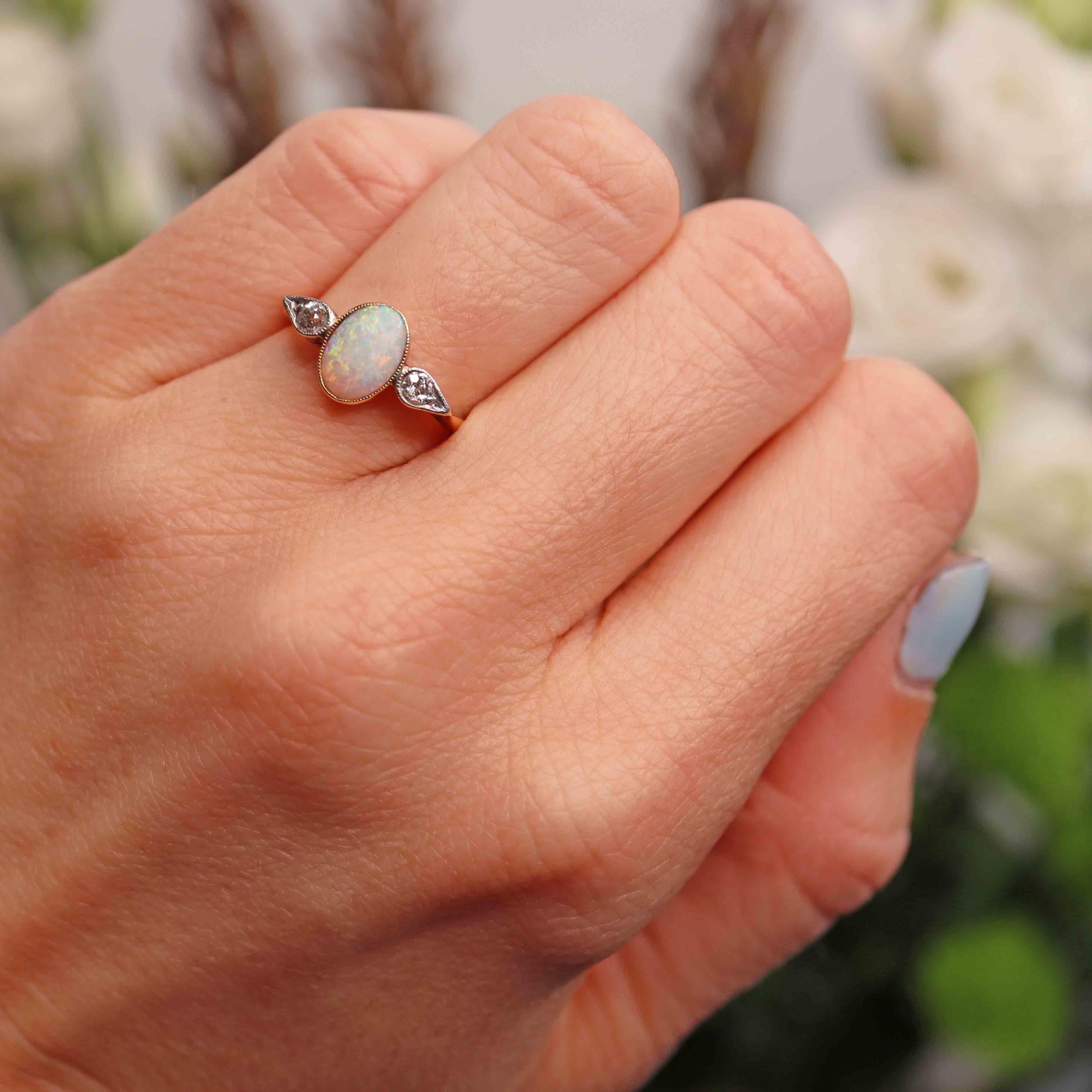 Ellibelle Jewellery Antique Art Deco Opal & Diamond 18ct Gold Three-Stone Ring