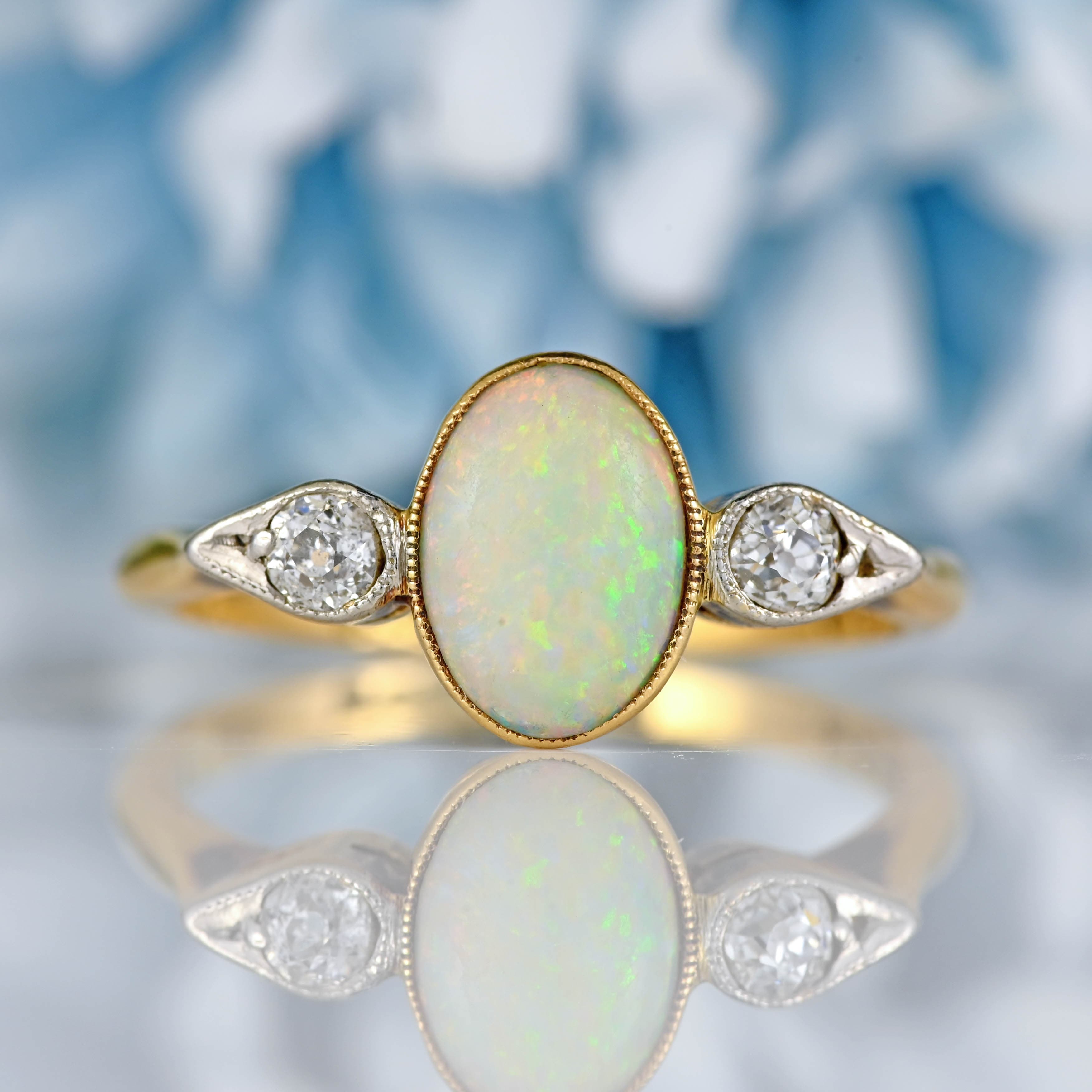 Ellibelle Jewellery Antique Art Deco Opal & Diamond 18ct Gold Three-Stone Ring