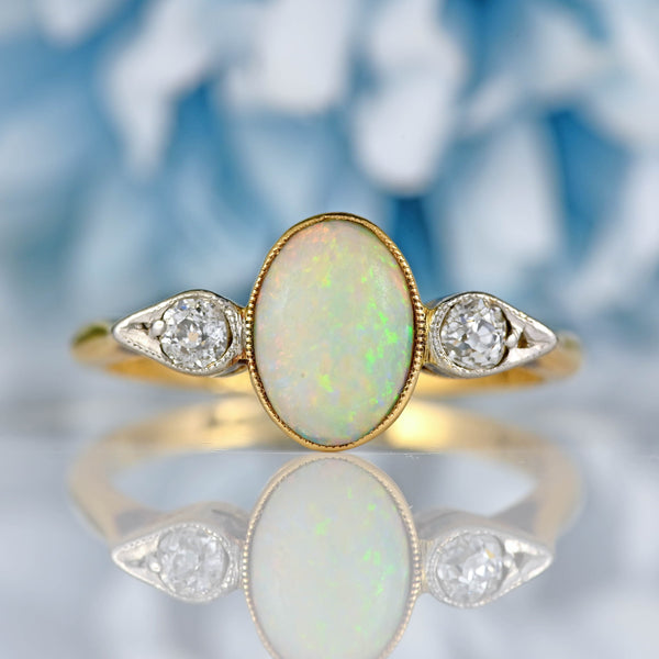 Ellibelle Jewellery Antique Art Deco Opal & Diamond 18ct Gold Three-Stone Ring
