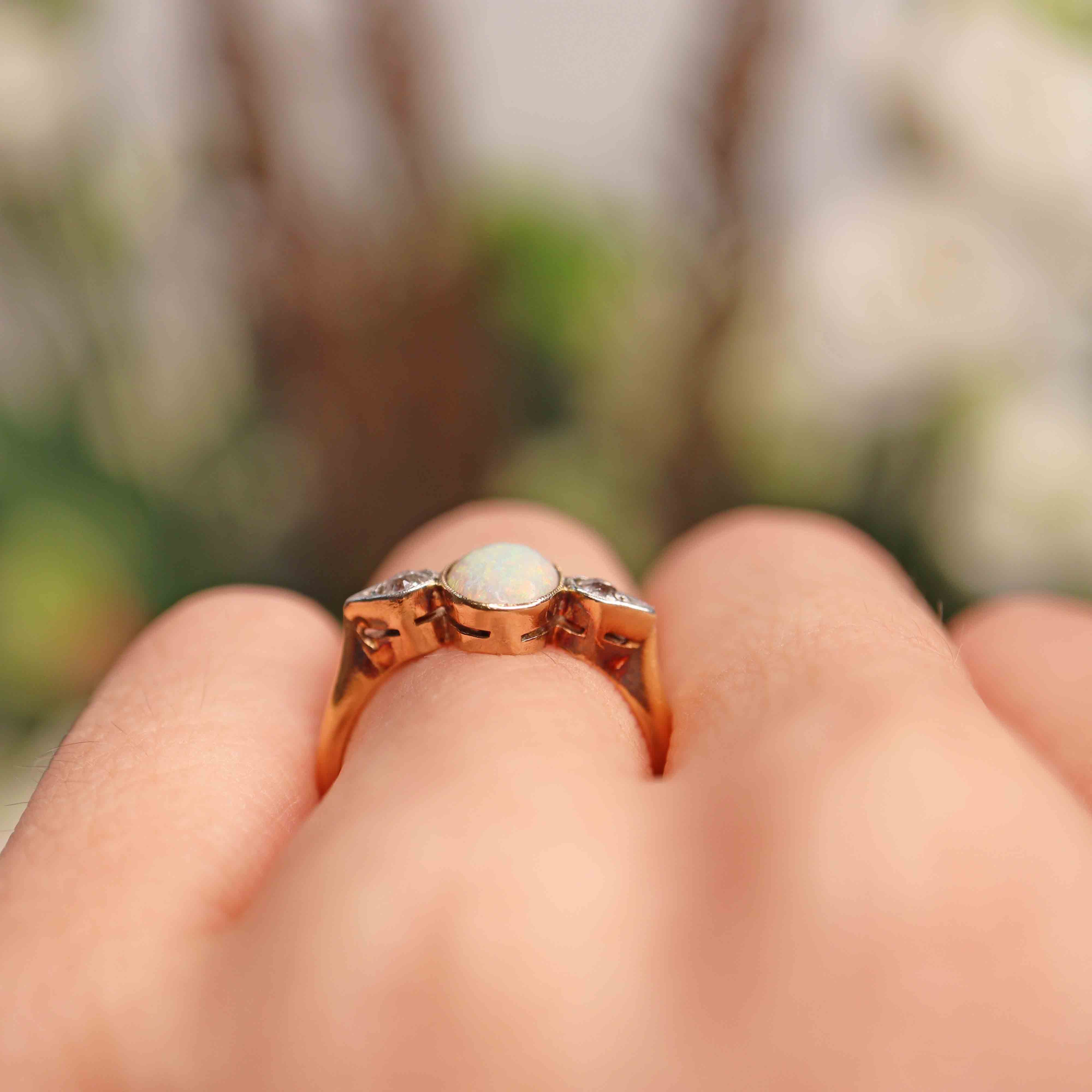 Ellibelle Jewellery Antique Art Deco Opal & Diamond 18ct Gold Three-Stone Ring