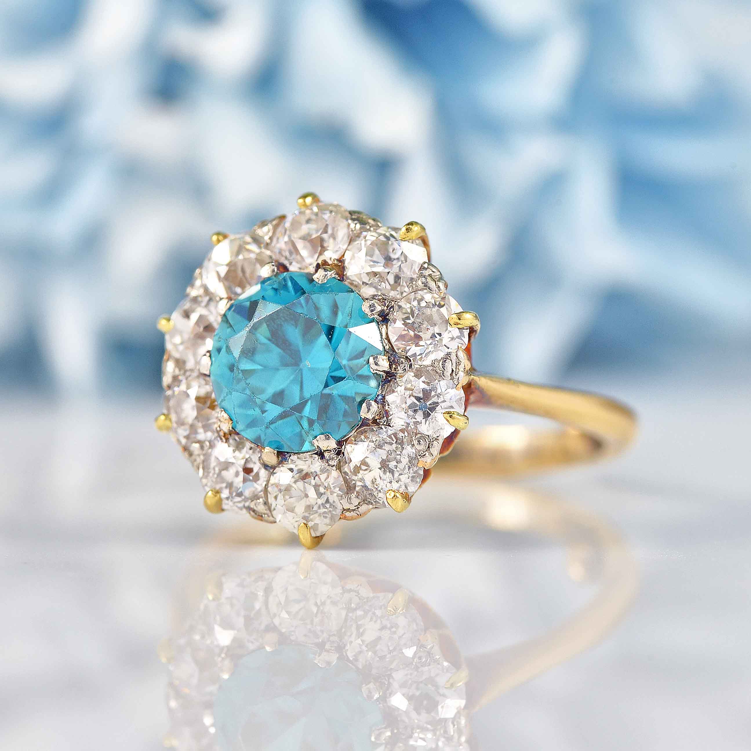 Ellibelle Jewellery Antique Blue Zircon & Old-Cut Diamond Gold Cluster Ring