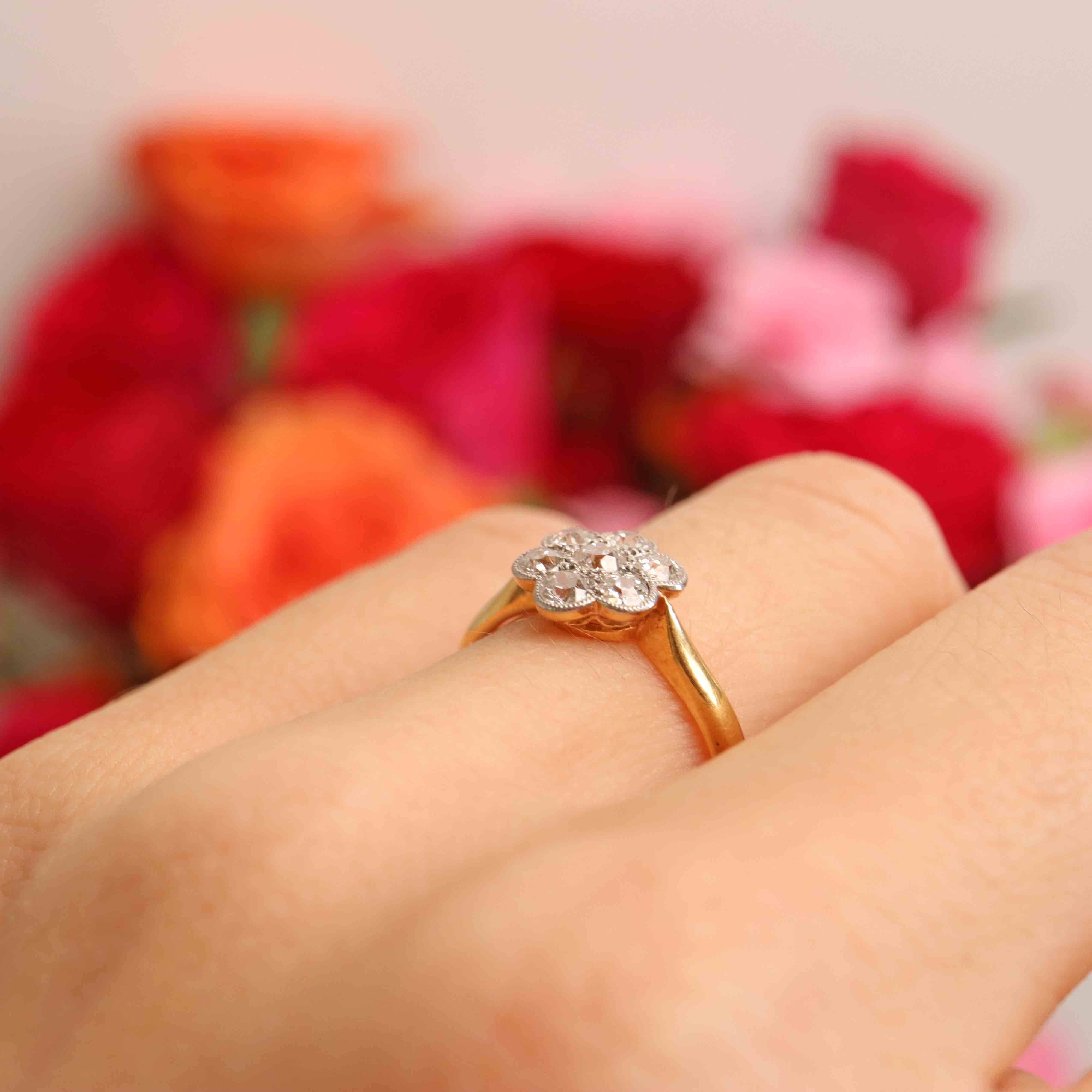 Ellibelle Jewellery Antique Edwardian 18ct Gold Diamond Daisy Cluster Engagement Ring