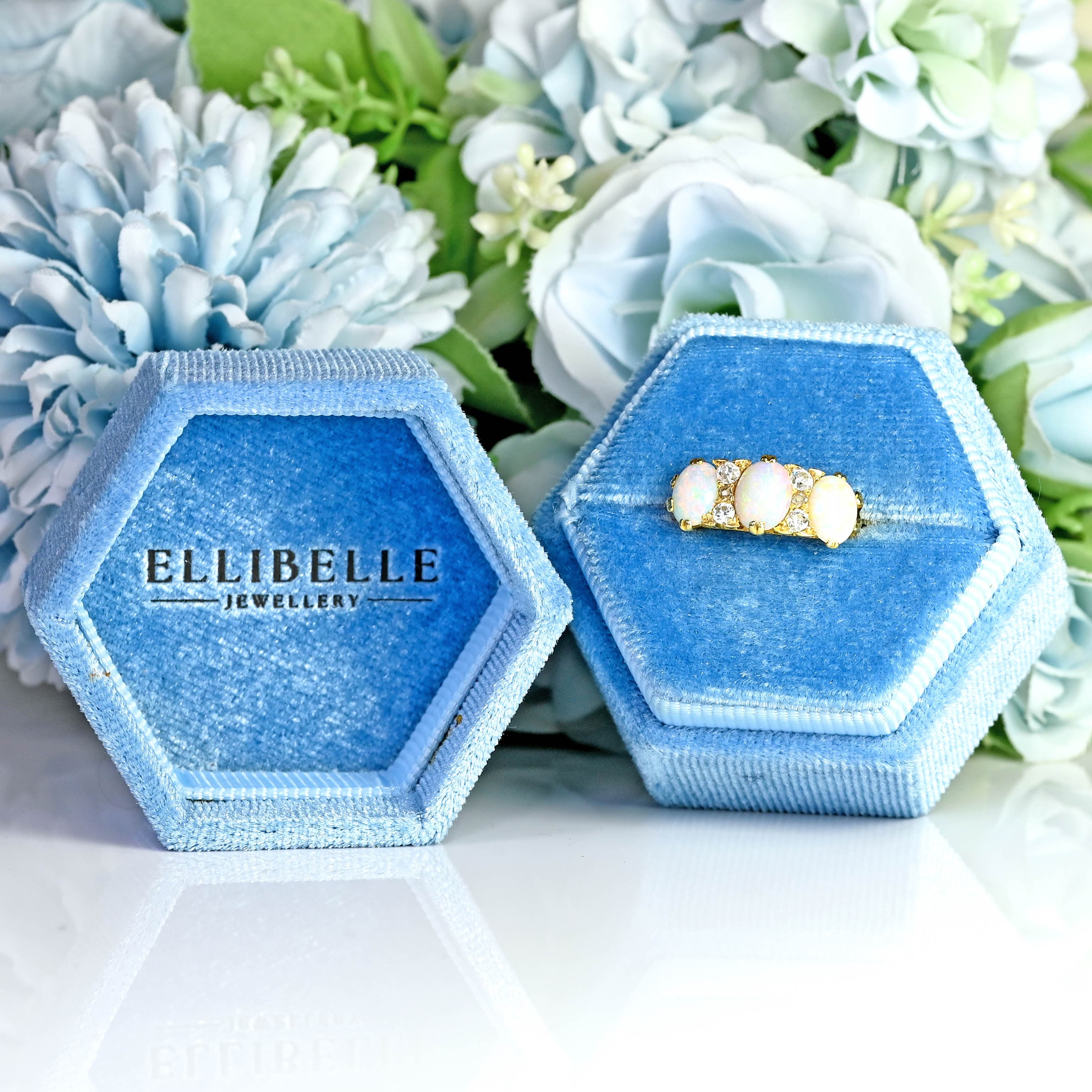 Ellibelle Jewellery Antique Edwardian 18ct Gold Three-Stone Opal & Diamond Ring