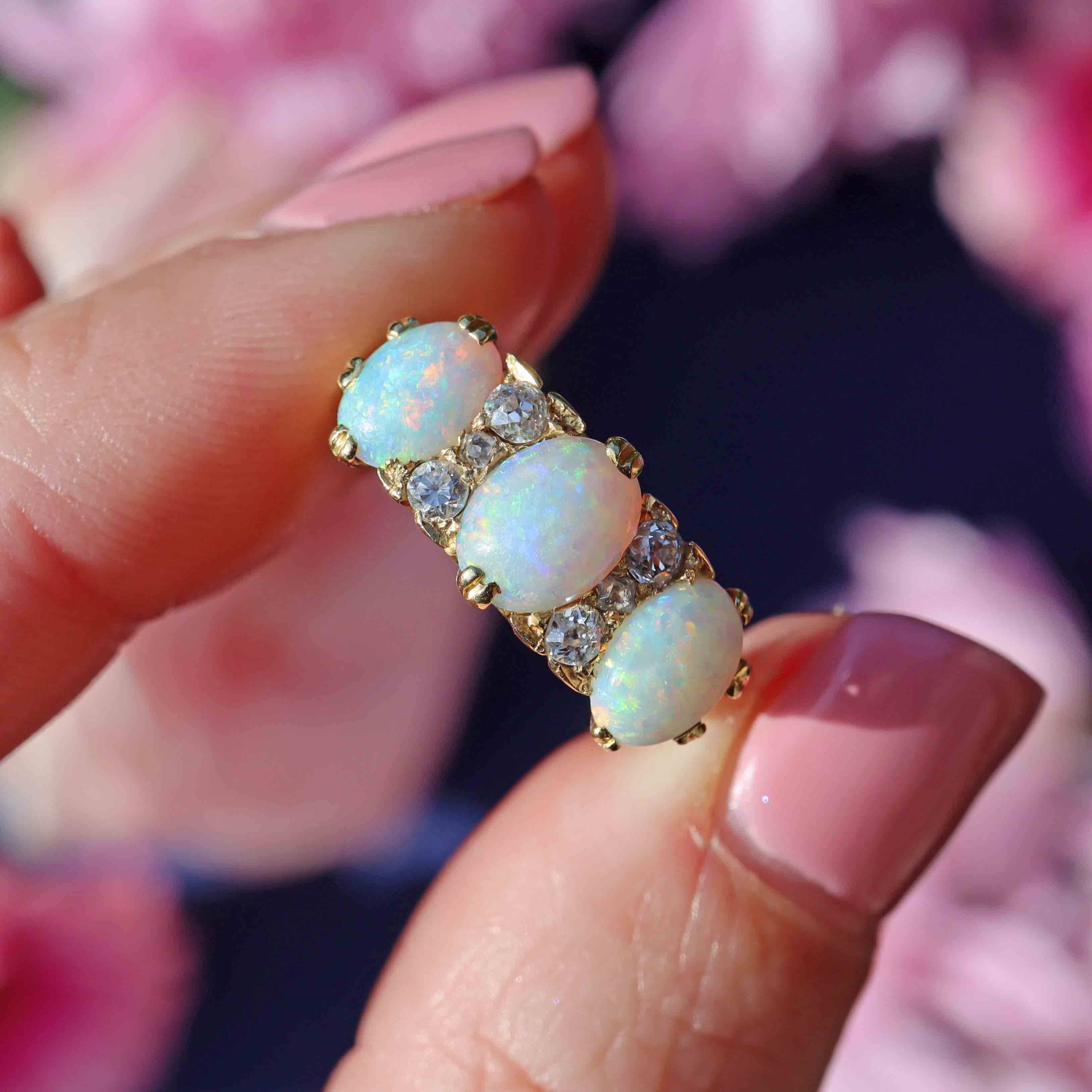 Ellibelle Jewellery Antique Edwardian 18ct Gold Three-Stone Opal & Diamond Ring