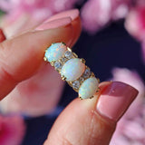 Ellibelle Jewellery Antique Edwardian 18ct Gold Three-Stone Opal & Diamond Ring