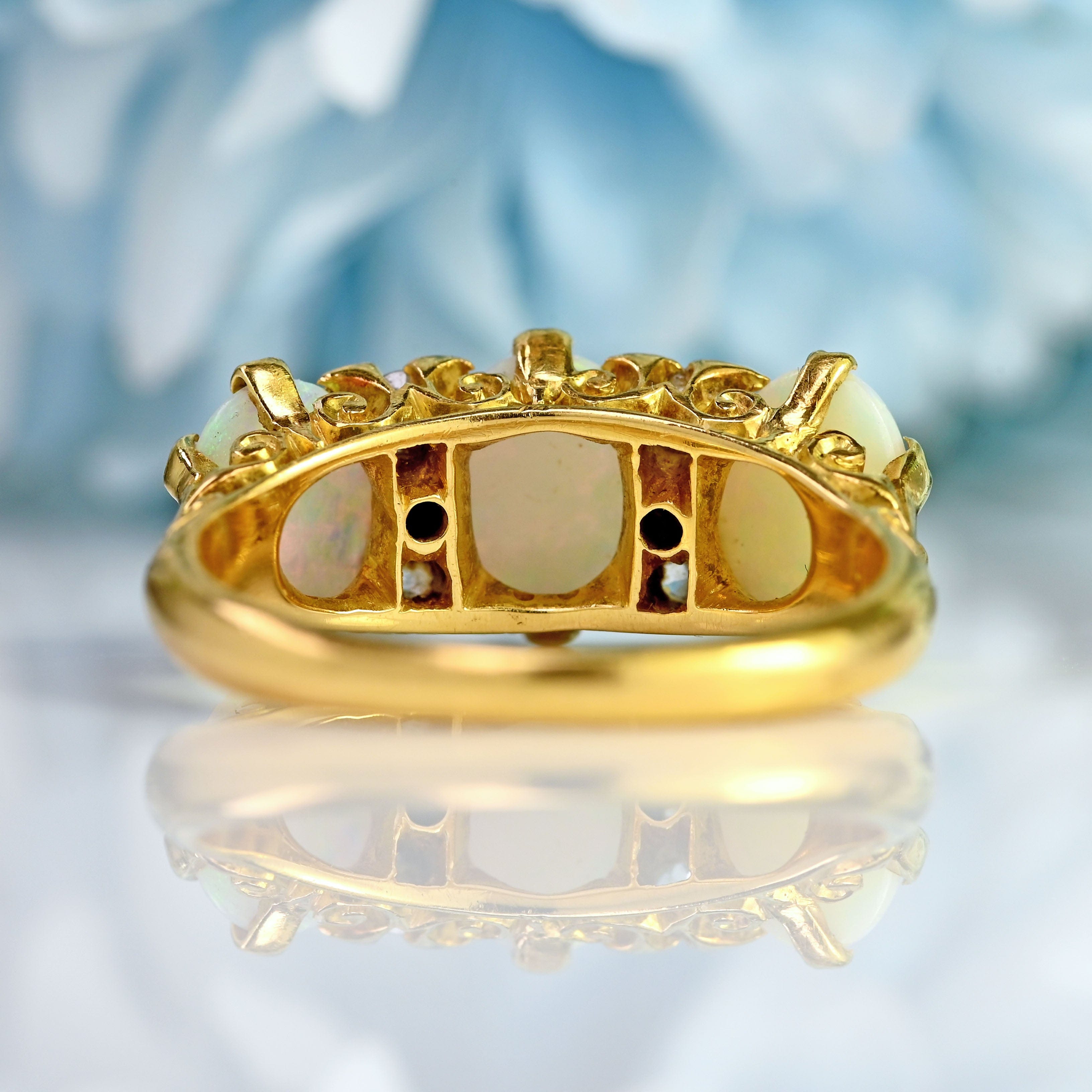 Ellibelle Jewellery Antique Edwardian 18ct Gold Three-Stone Opal & Diamond Ring