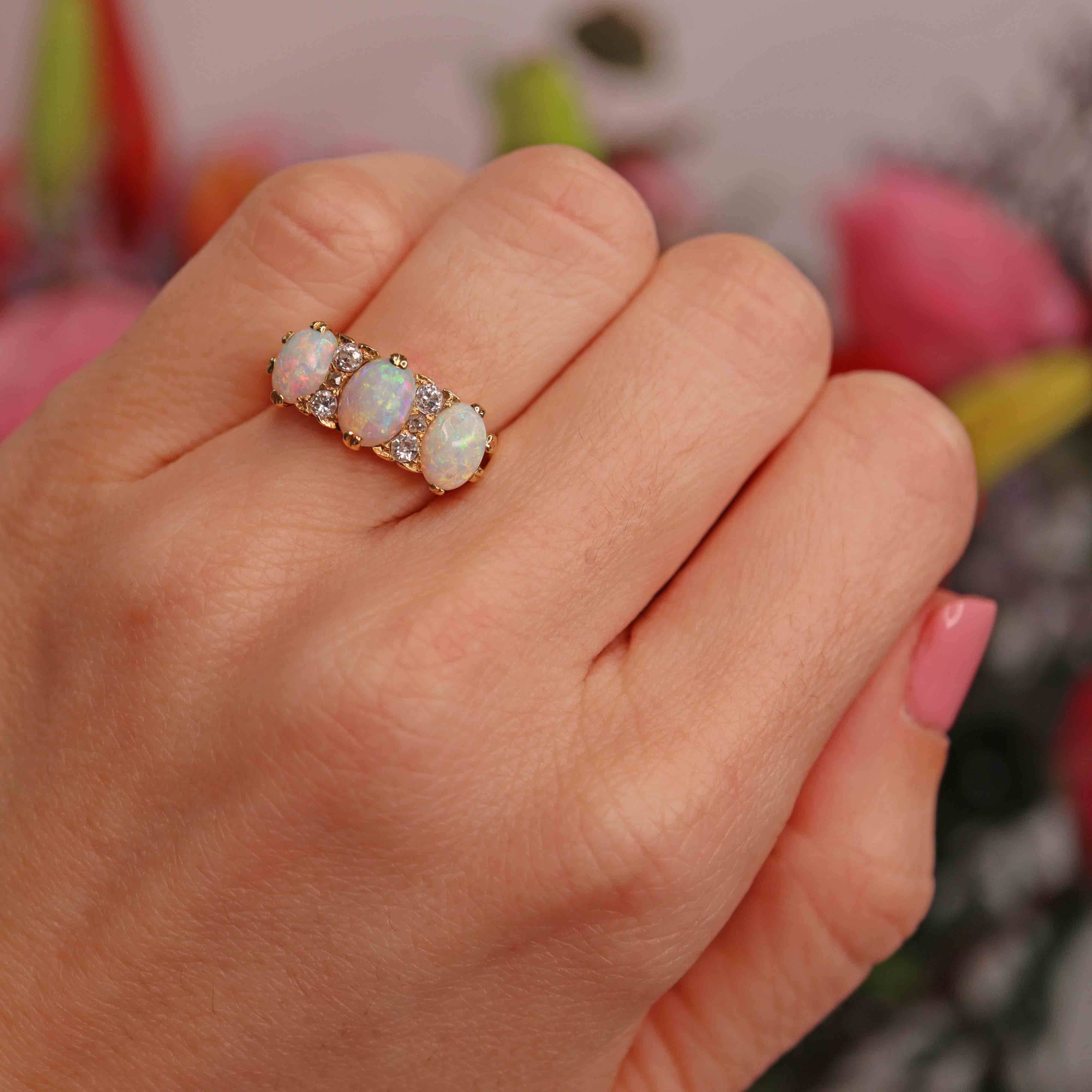 Ellibelle Jewellery Antique Edwardian 18ct Gold Three-Stone Opal & Diamond Ring