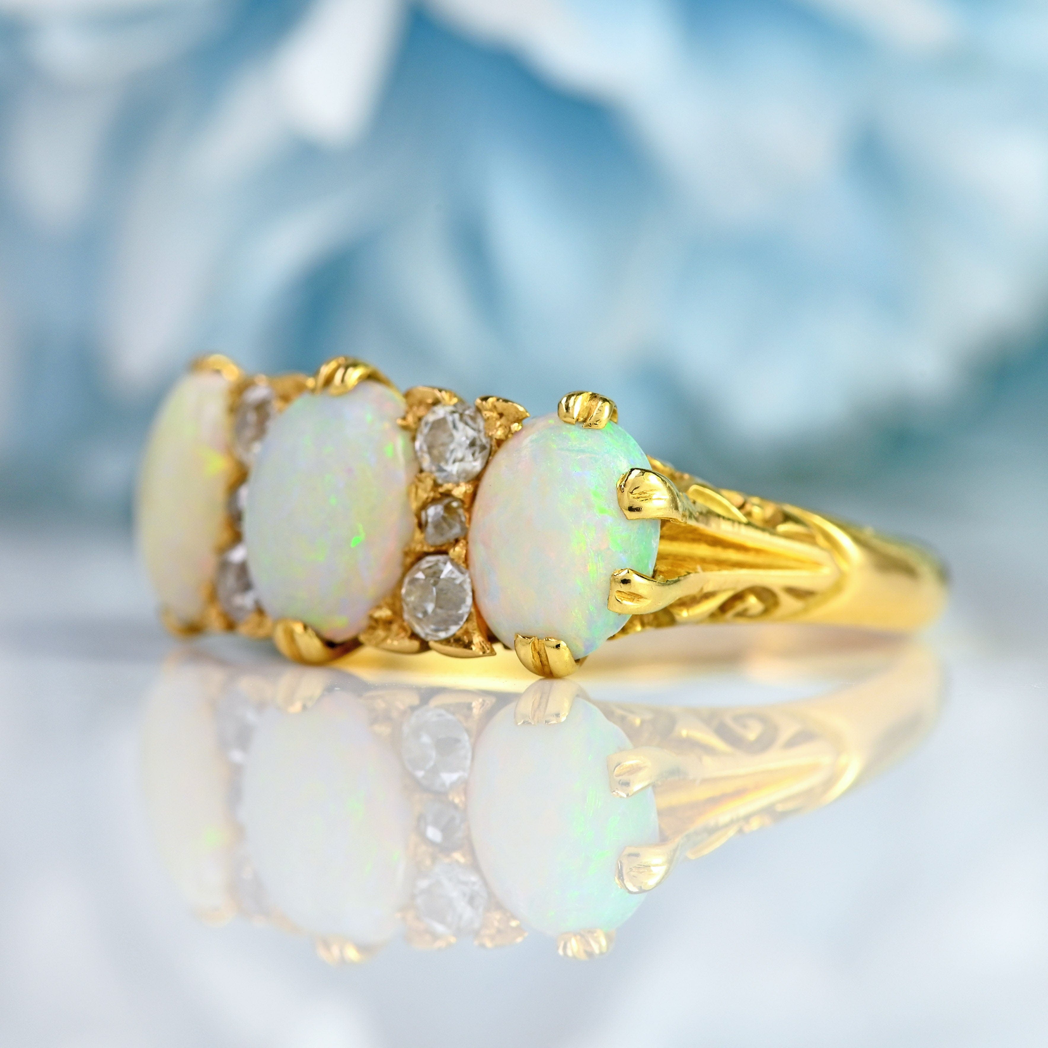 Ellibelle Jewellery Antique Edwardian 18ct Gold Three-Stone Opal & Diamond Ring
