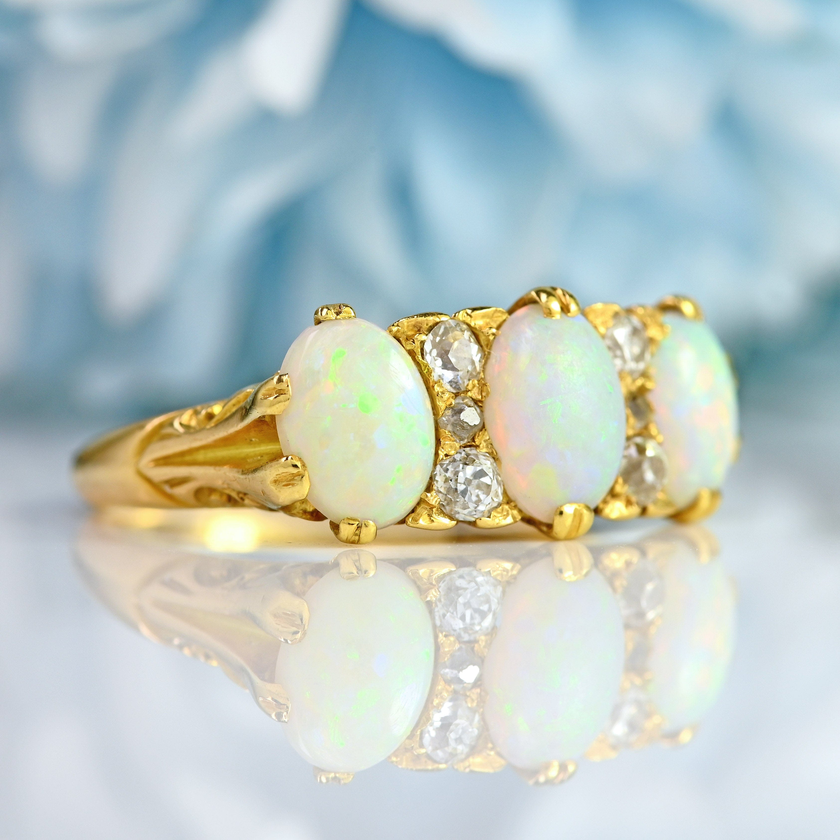 Ellibelle Jewellery Antique Edwardian 18ct Gold Three-Stone Opal & Diamond Ring
