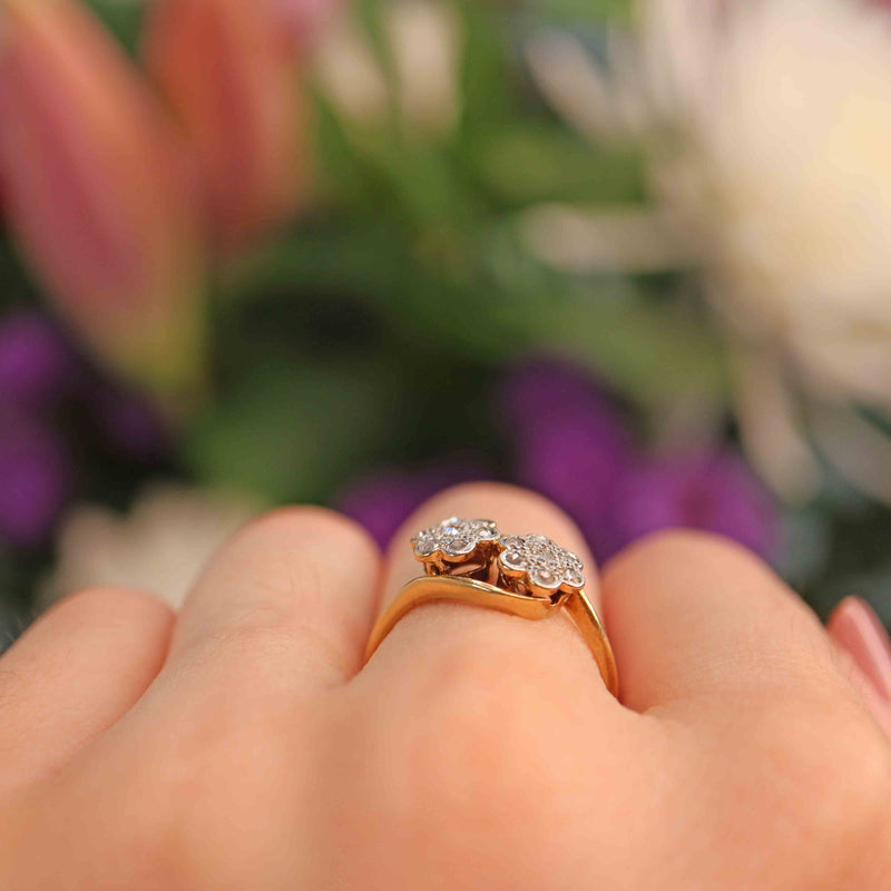 Ellibelle Jewellery Antique Edwardian Diamond 18ct Gold Double Daisy Ring