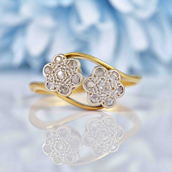 Ellibelle Jewellery Antique Edwardian Diamond 18ct Gold Double Daisy Ring